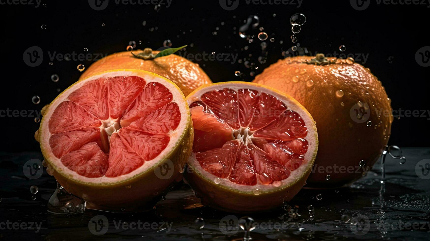 Grapefruits schlagen durch spritzt von Wasser mit schwarz verwischen Hintergrund, ai generativ foto