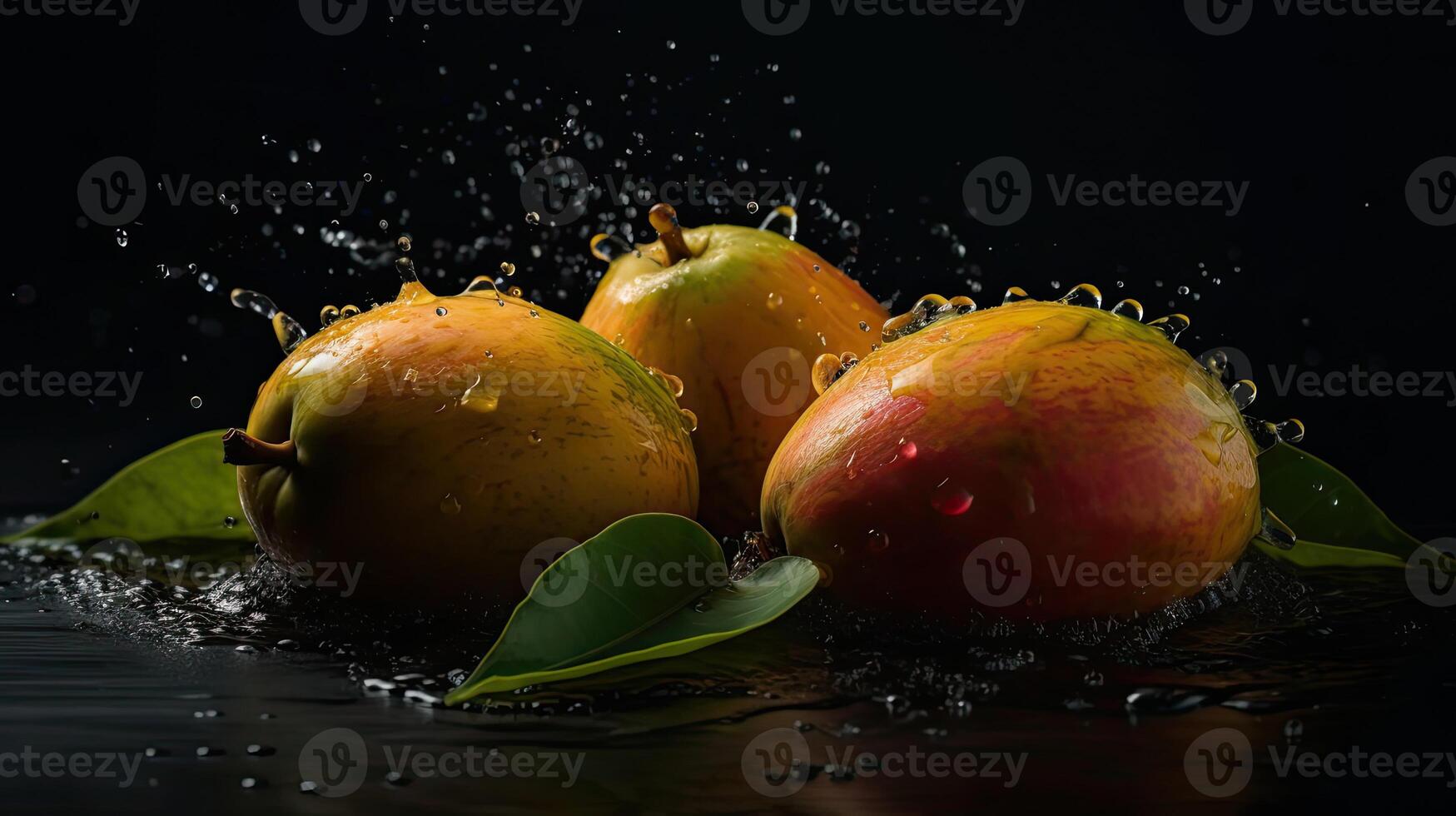 Mango schlagen durch spritzt von Wasser mit schwarz verwischen Hintergrund, ai generativ foto