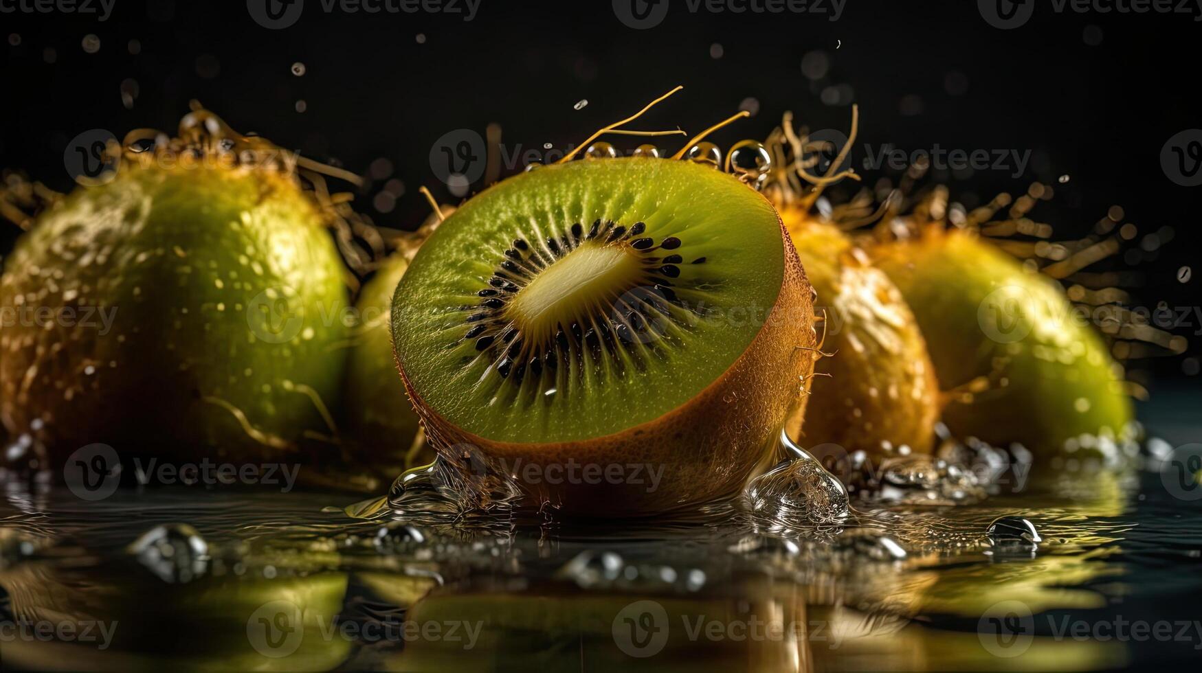 frisch Kiwi schlagen durch spritzt von Wasser mit schwarz verwischen Hintergrund, ai generativ foto