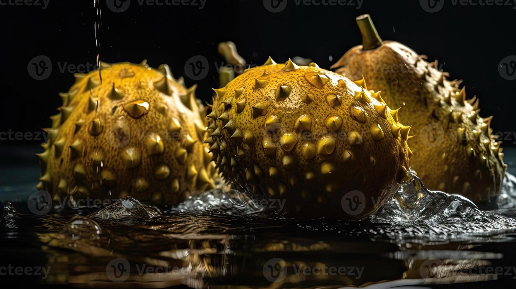 Jackfrucht schlagen durch spritzt von Wasser mit schwarz verwischen Hintergrund, ai generativ foto