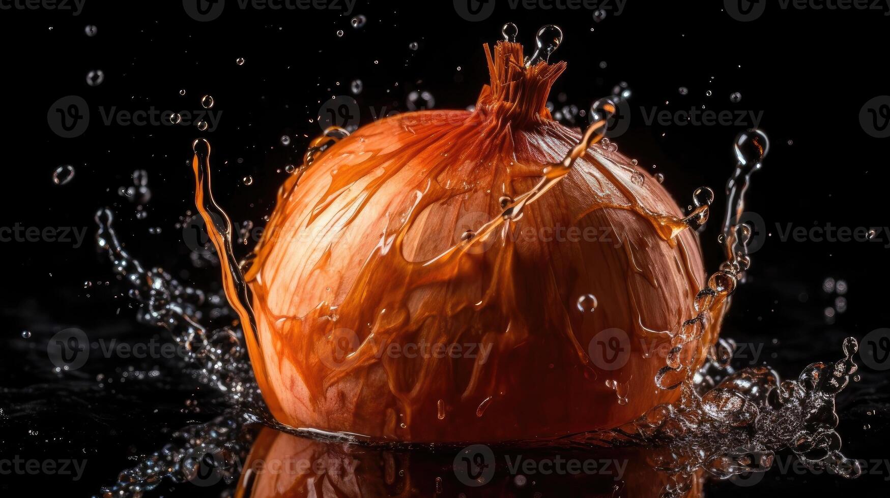 Zwiebel schlagen durch spritzt von Wasser mit schwarz verwischen Hintergrund, ai generativ foto