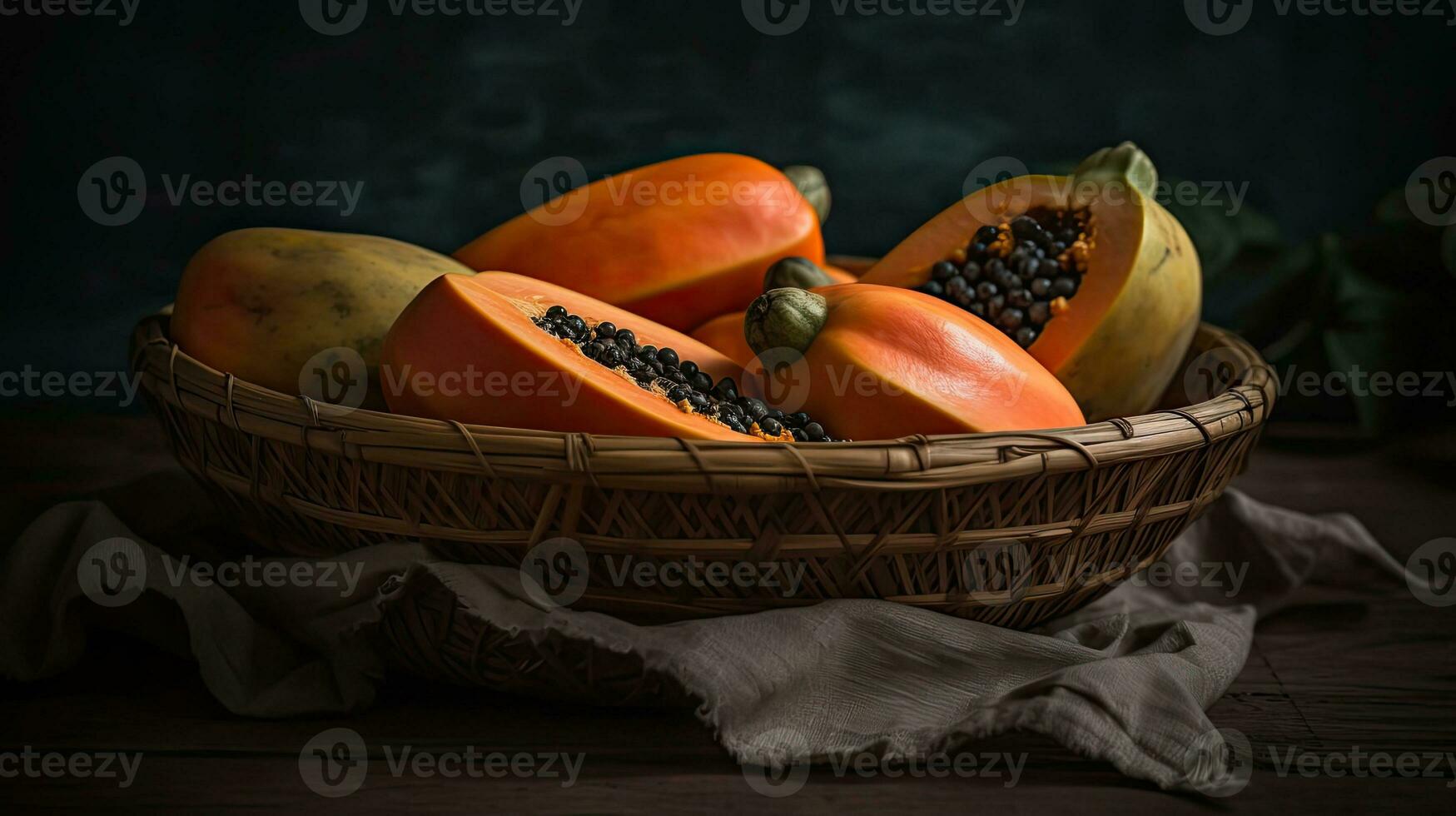 frisch Papaya Früchte im ein Bambus Korb mit verwischen Hintergrund, ai generativ foto