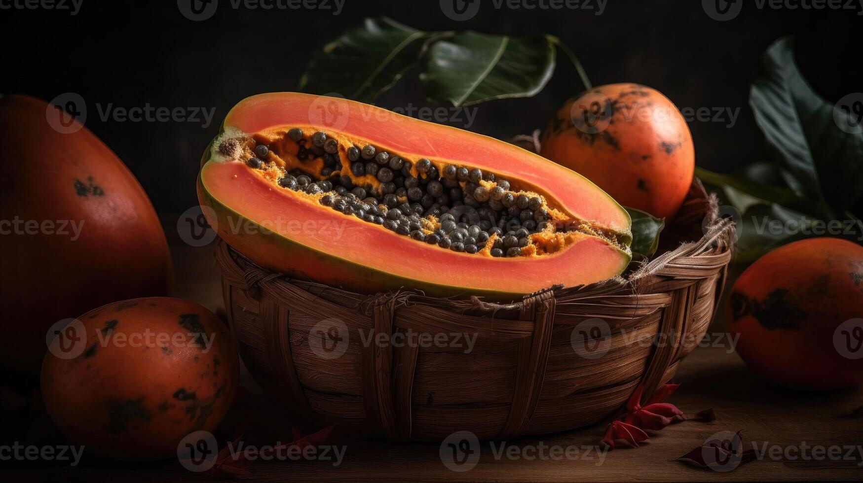 Papaya Früchte im ein Bambus Korb mit verwischen Hintergrund, ai generativ foto