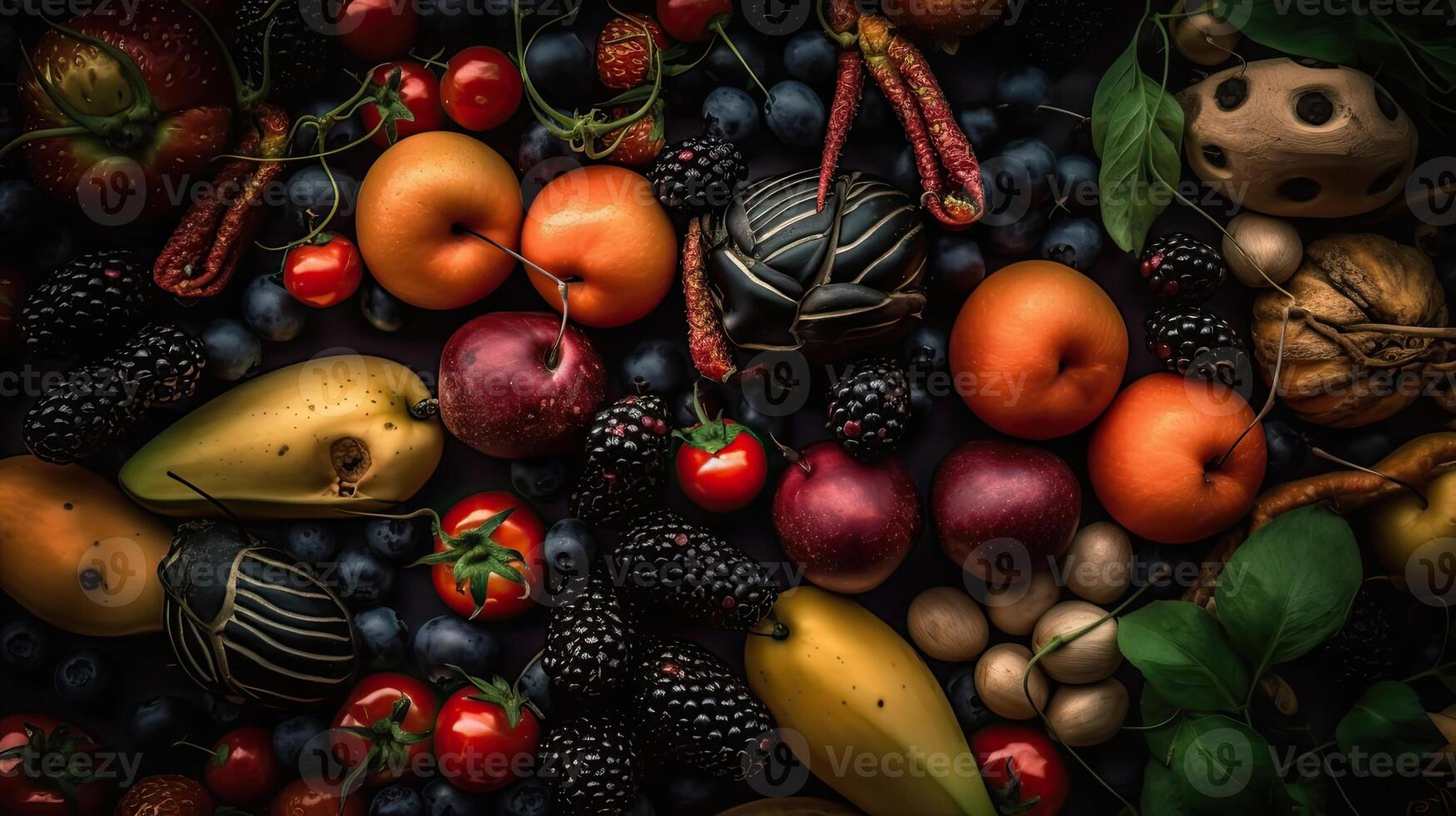 oben Aussicht Vielfalt von frisch Obst mit hell Farben, ai generativ foto