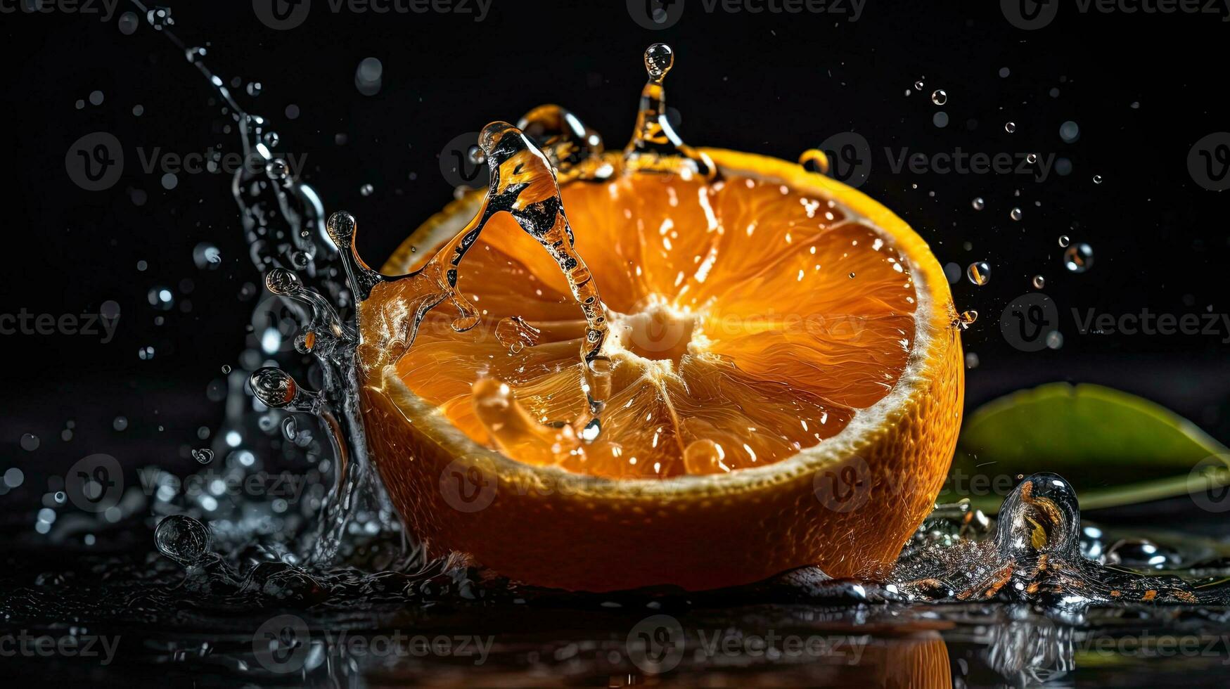 Nahansicht von geschnitten Orange Obst schlagen durch spritzt von Wasser mit schwarz verwischen Hintergrund, ai generativ foto