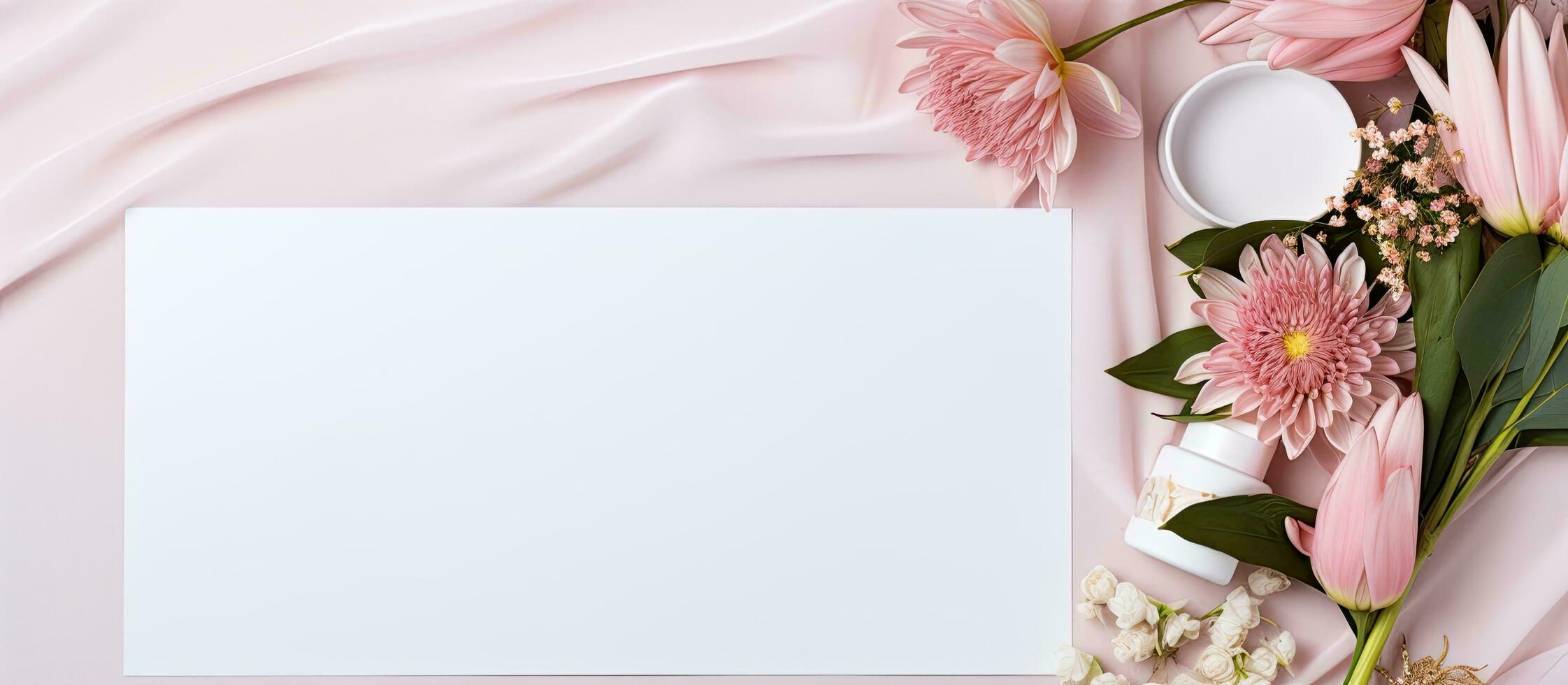 Foto von Rosa Blumen und ein Weiß Karte auf ein Rosa Hintergrund mit Kopieren Raum mit Kopieren Raum