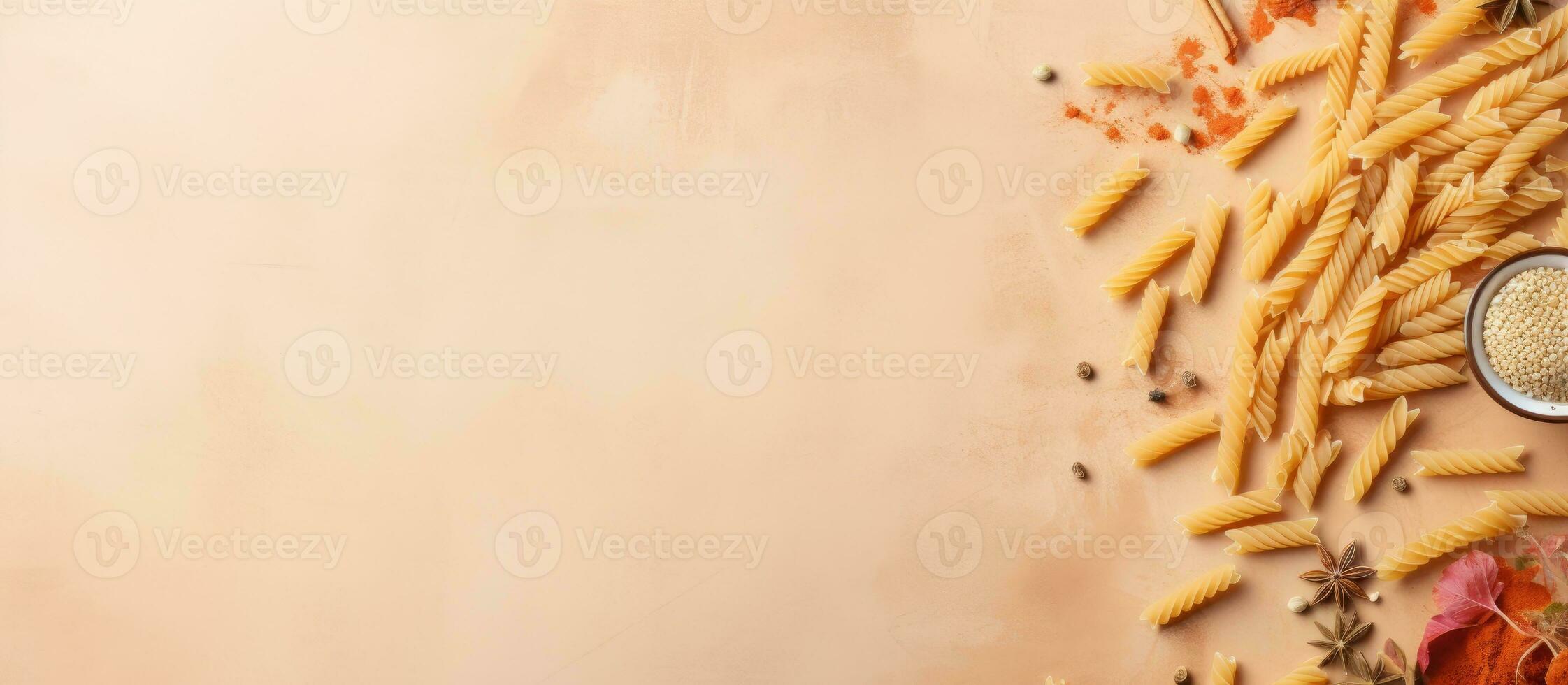 Foto von verschiedene Typen von Pasta auf ein Tisch, bereit zu Sein gekocht und genossen mit Kopieren Raum