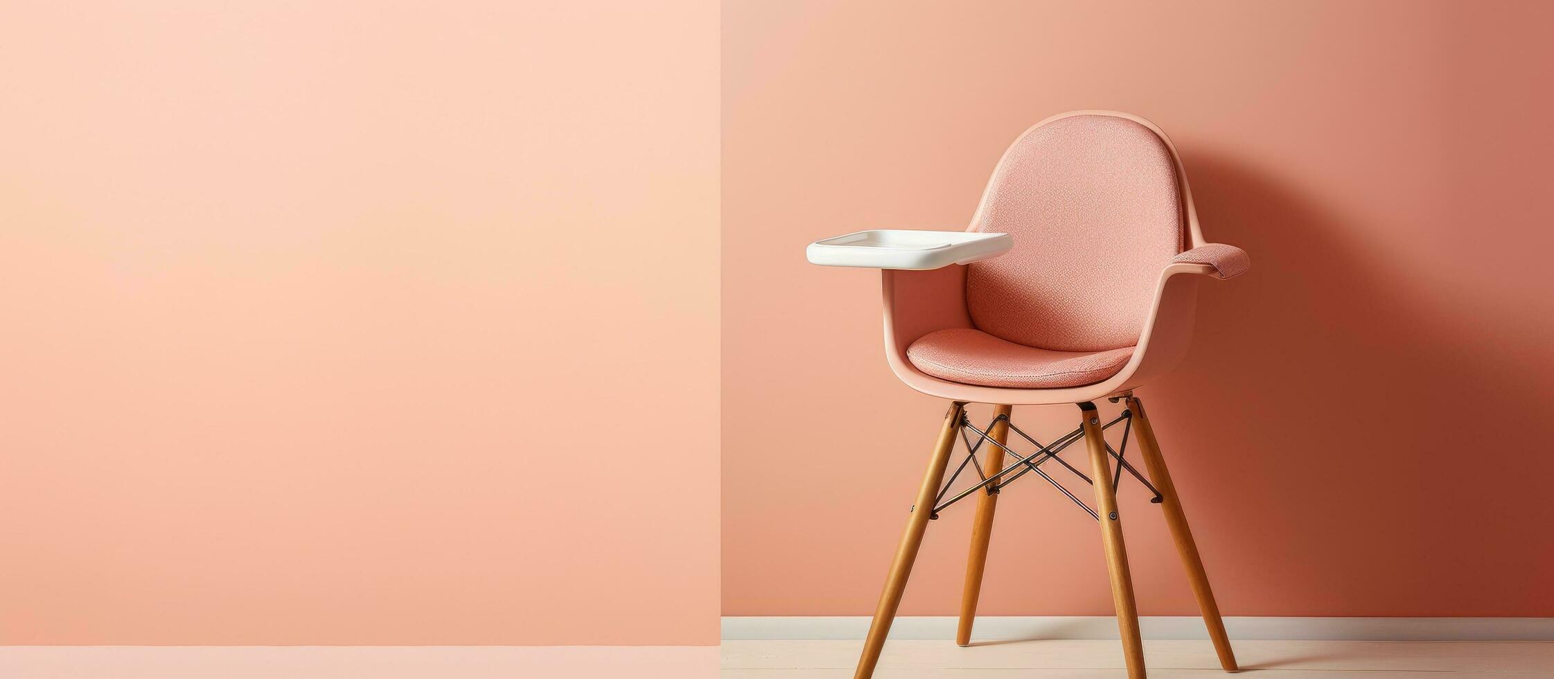 Foto von ein Rosa Stuhl mit ein Weiß Tablett auf Spitze, perfekt zum ein gemütlich und stilvoll Ecke mit Kopieren Raum