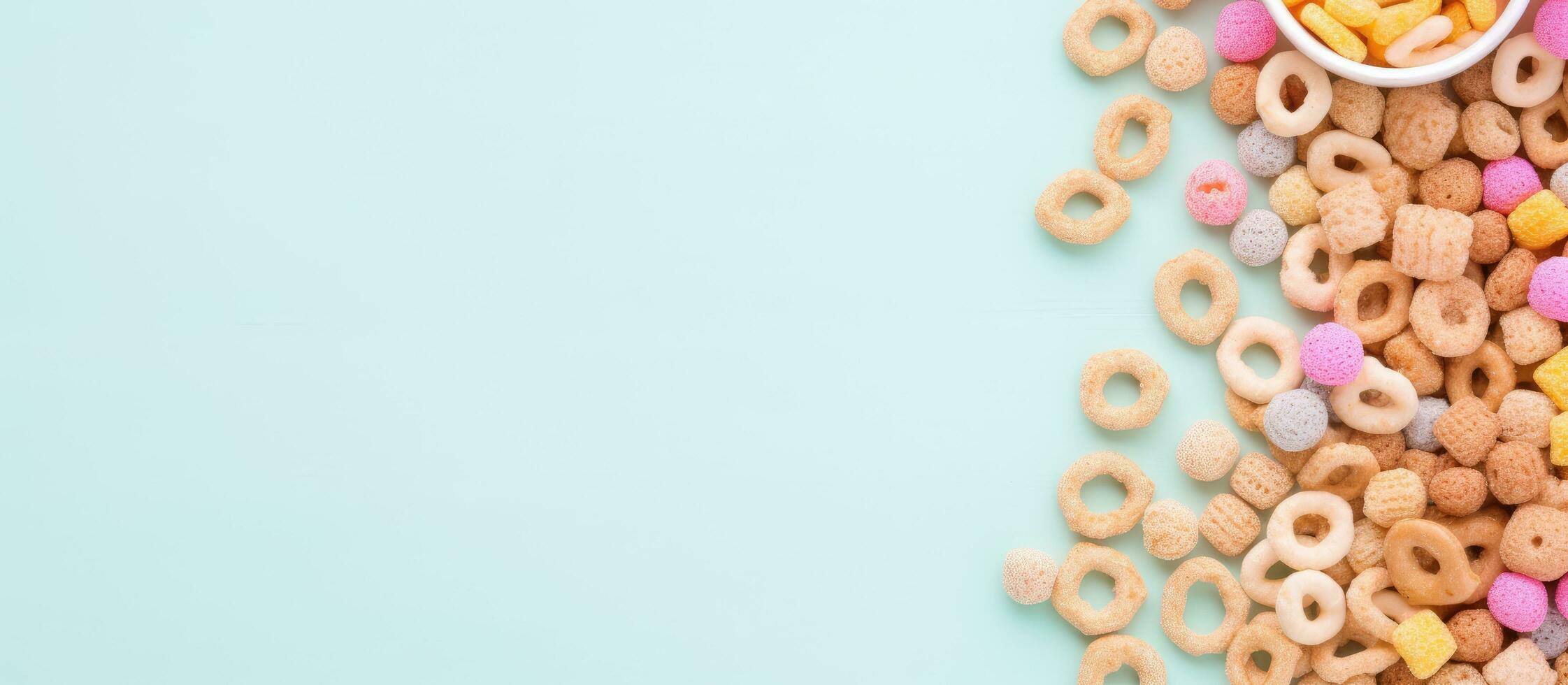 Foto von ein Schüssel von Müsli auf ein Blau Hintergrund mit Kopieren Raum mit Kopieren Raum