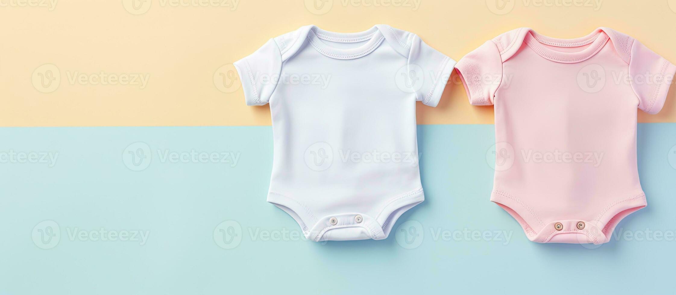 Foto von zwei Baby Bodys auf ein bunt Hintergrund mit viel von Raum zum Text oder andere Design Elemente mit Kopieren Raum