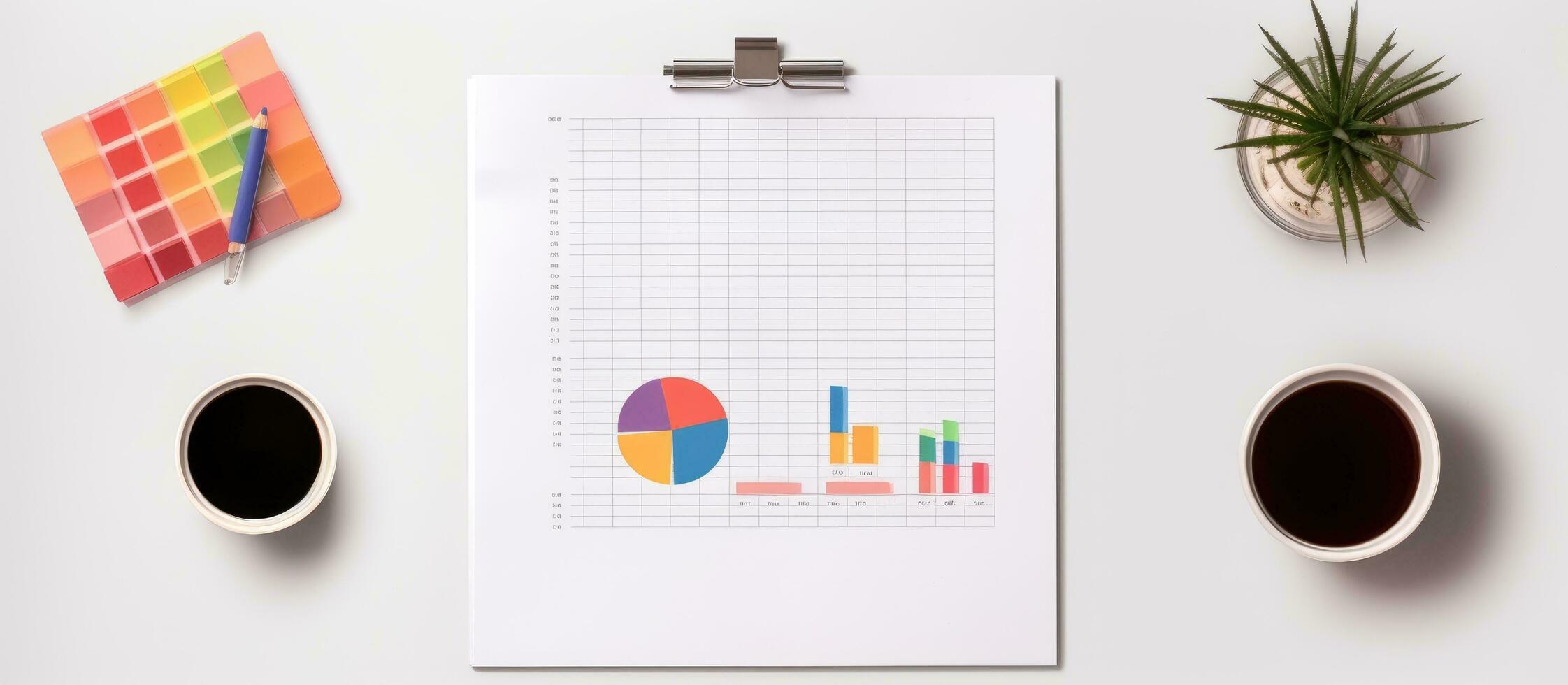 Foto von ein Zwischenablage mit ein Kuchen Diagramm und Tassen von Kaffee, Darstellen Daten Analyse und Produktivität im das Arbeitsplatz mit Kopieren Raum