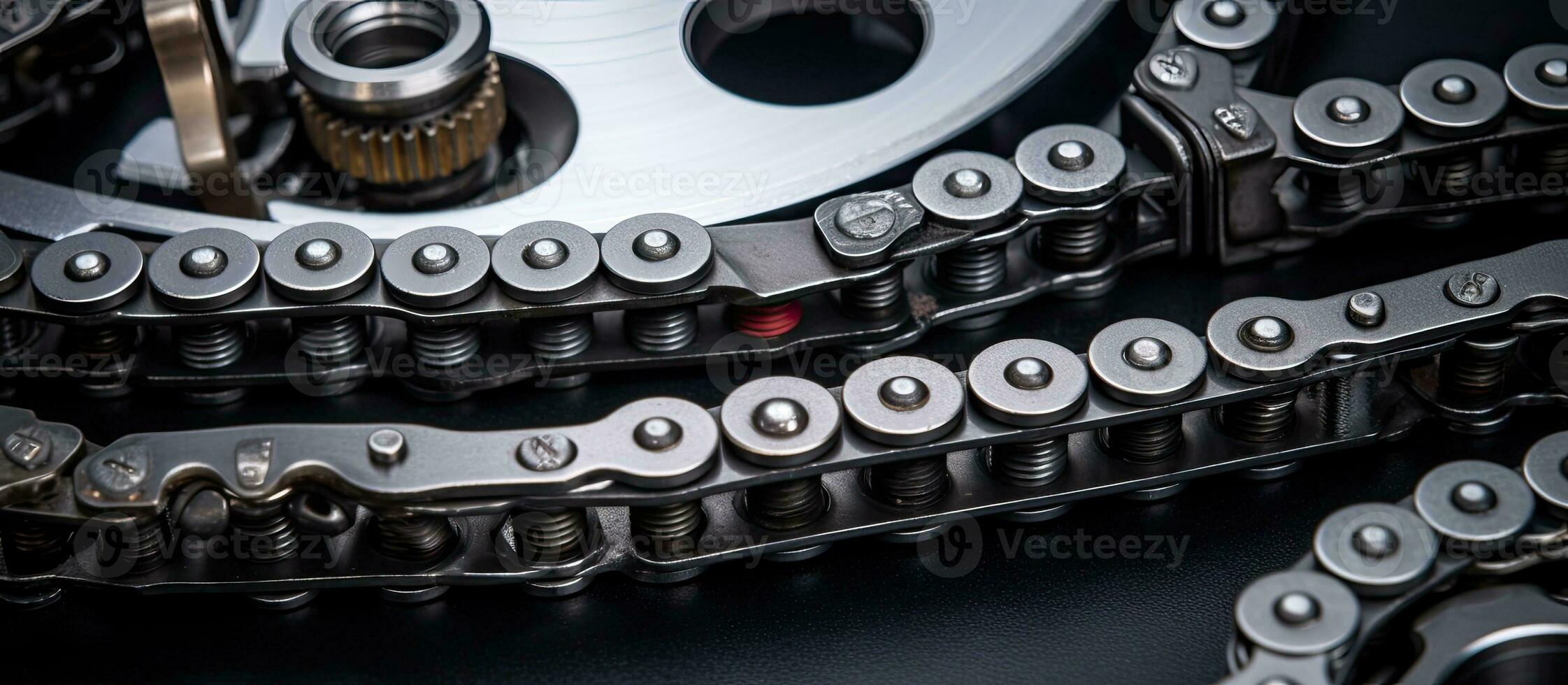 Foto von ein Makro Schuss von ein Motorrad Kette, Hervorheben es ist kompliziert Einzelheiten und robust Textur mit Kopieren Raum