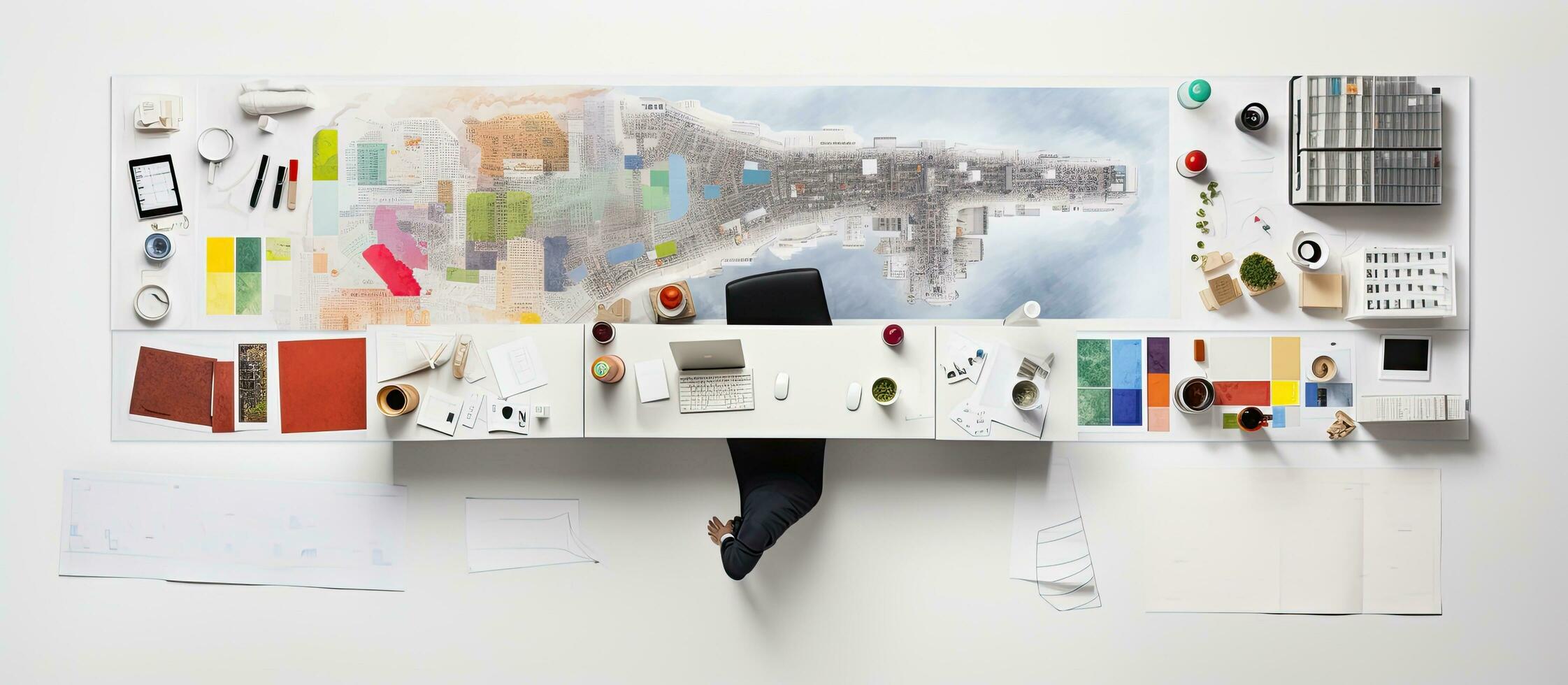 Foto von ein Mauer gefüllt mit verschiedene Objekte im ein minimalistisch Stil mit Kopieren Raum