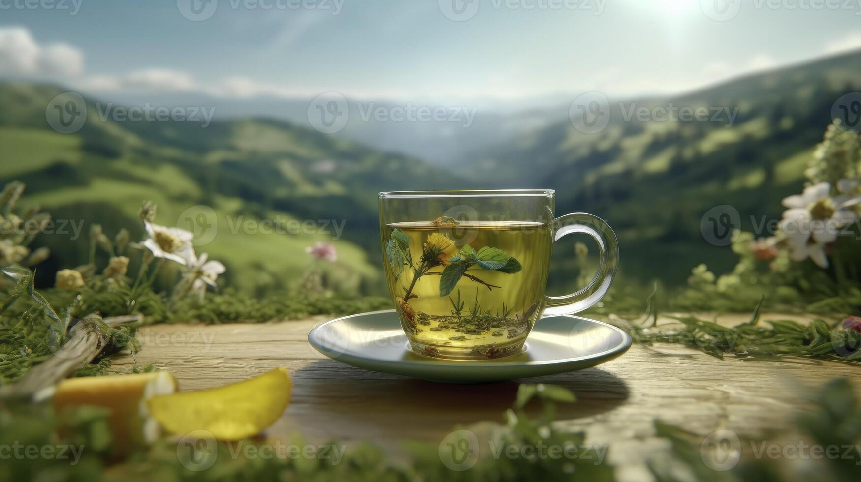 Tee Tasse mit Grün Tee Blatt auf das hölzern Tabelle und Berg Blumen Hintergrund, ai generativ foto