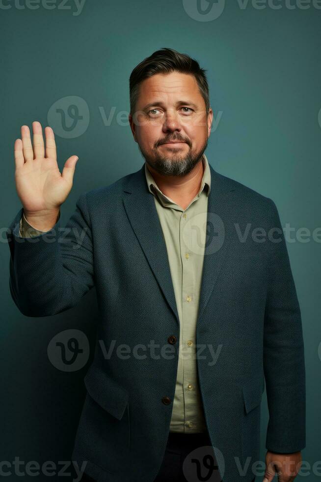 Studio Schuss von gut aussehend Mann dynamisch emotional Gesten ai generativ foto