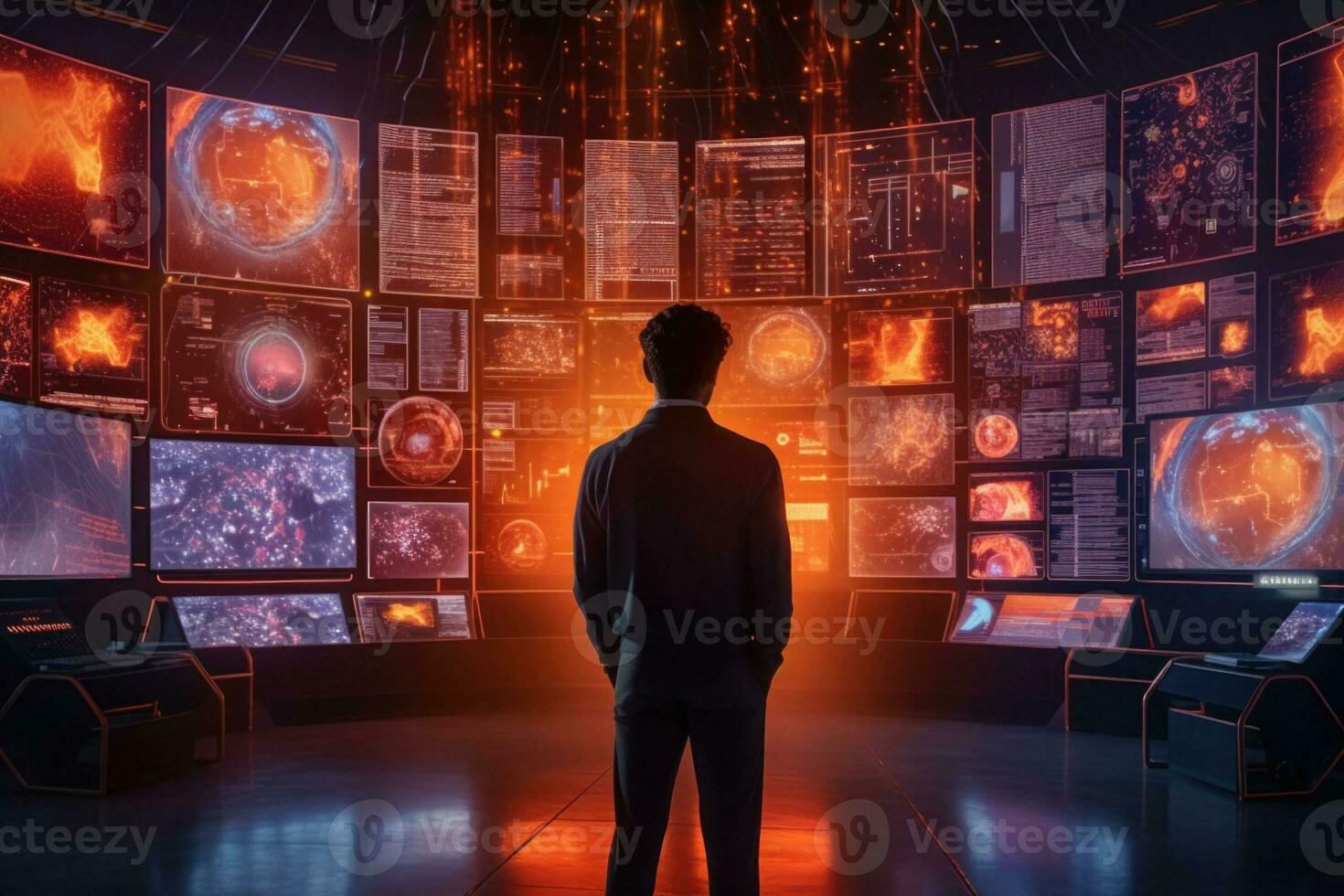 Mann Stehen im Vorderseite von glühend überwacht. Daten Diagramme und Zahlen auf Bildschirm. generativ ai foto