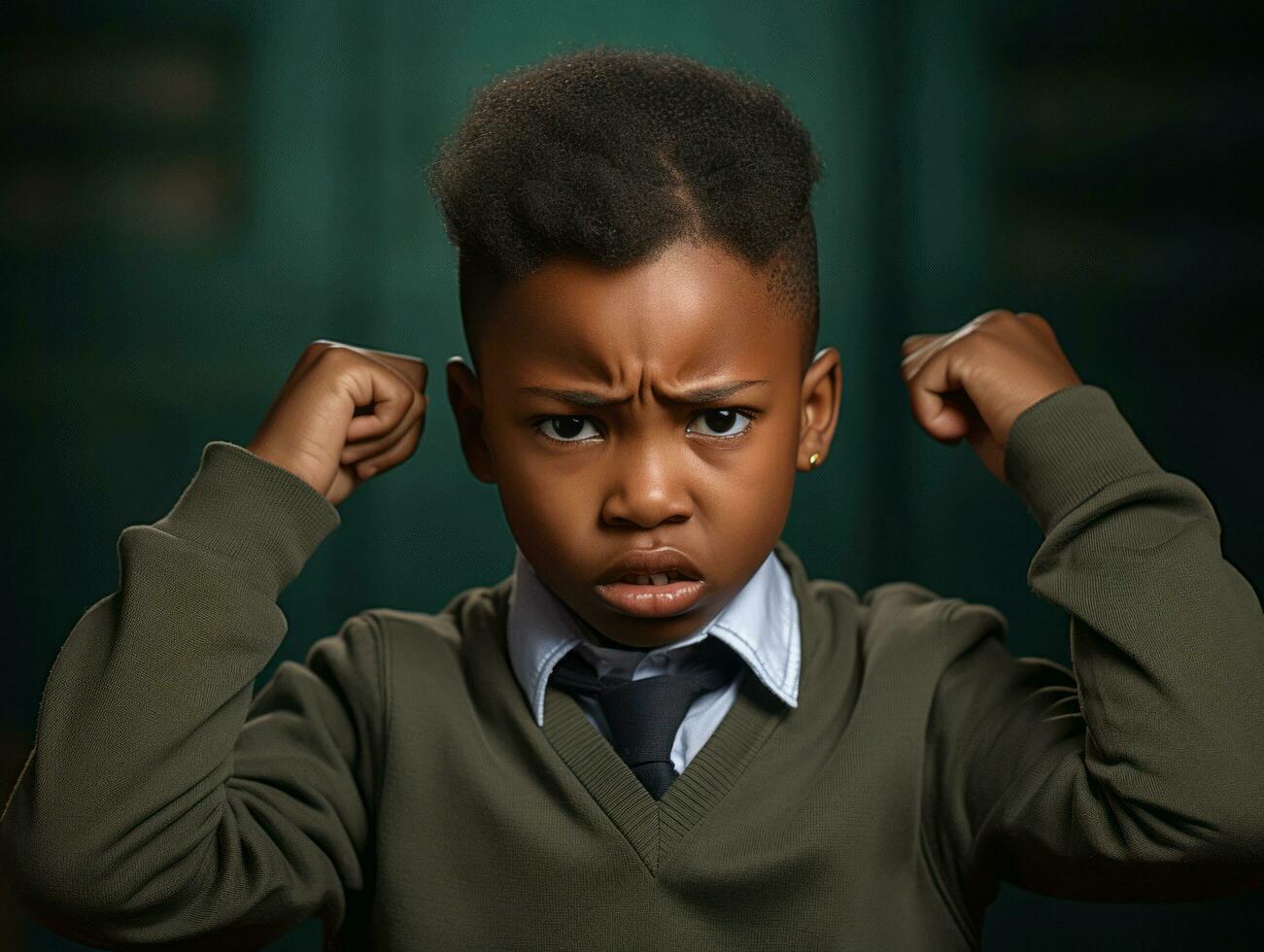 afrikanisch Kind im emotional dynamisch Pose im Schule ai generativ foto