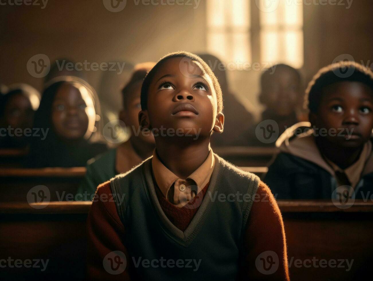 afrikanisch Kind im emotional dynamisch Pose im Schule ai generativ foto