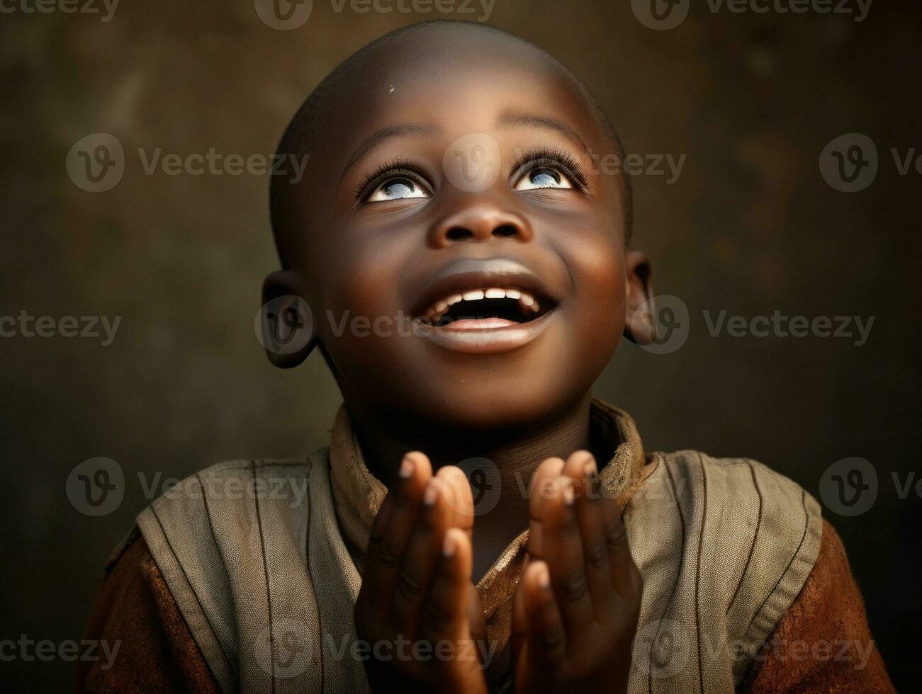 afrikanisch Kind im emotional dynamisch Pose im Schule ai generativ foto