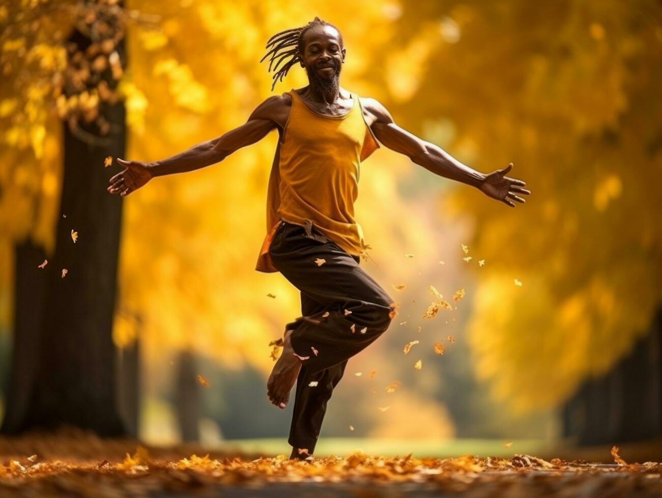 afrikanisch Mann im emotional dynamisch Pose auf Herbst Hintergrund ai generativ foto