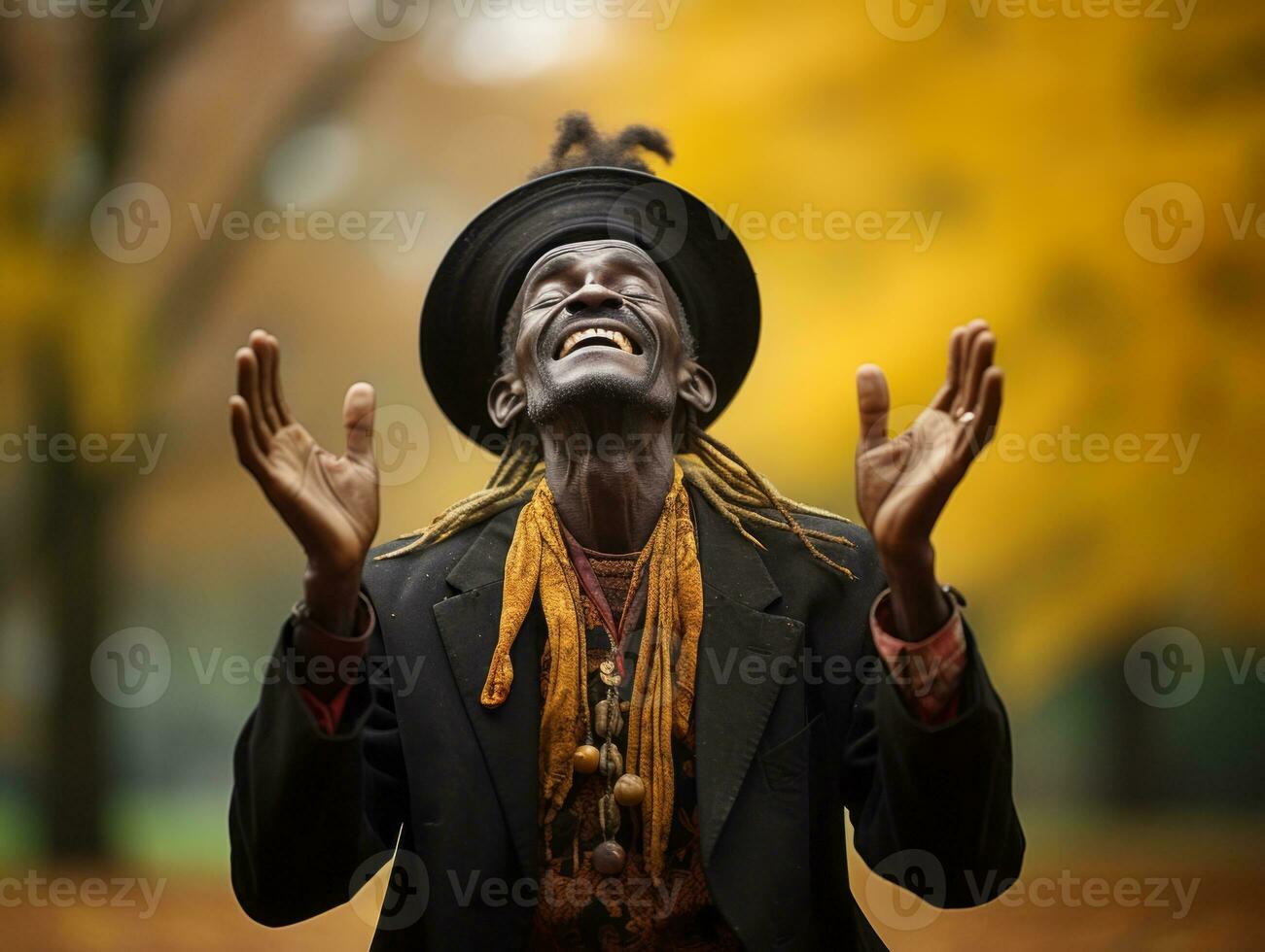 afrikanisch Mann im emotional dynamisch Pose auf Herbst Hintergrund ai generativ foto