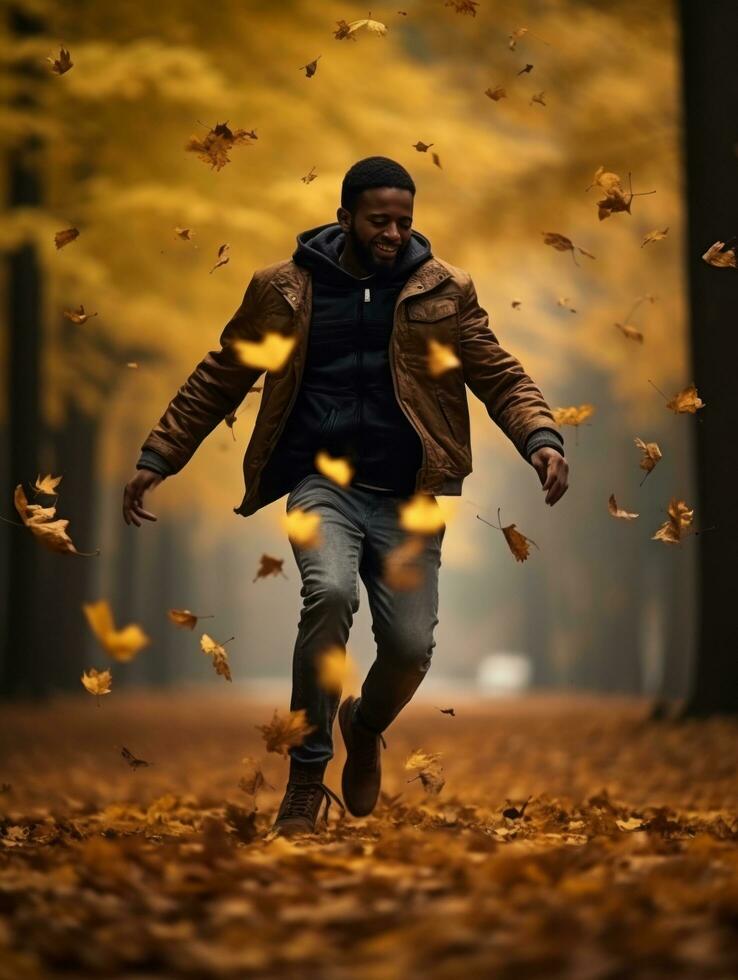 afrikanisch Mann im emotional dynamisch Pose auf Herbst Hintergrund ai generativ foto