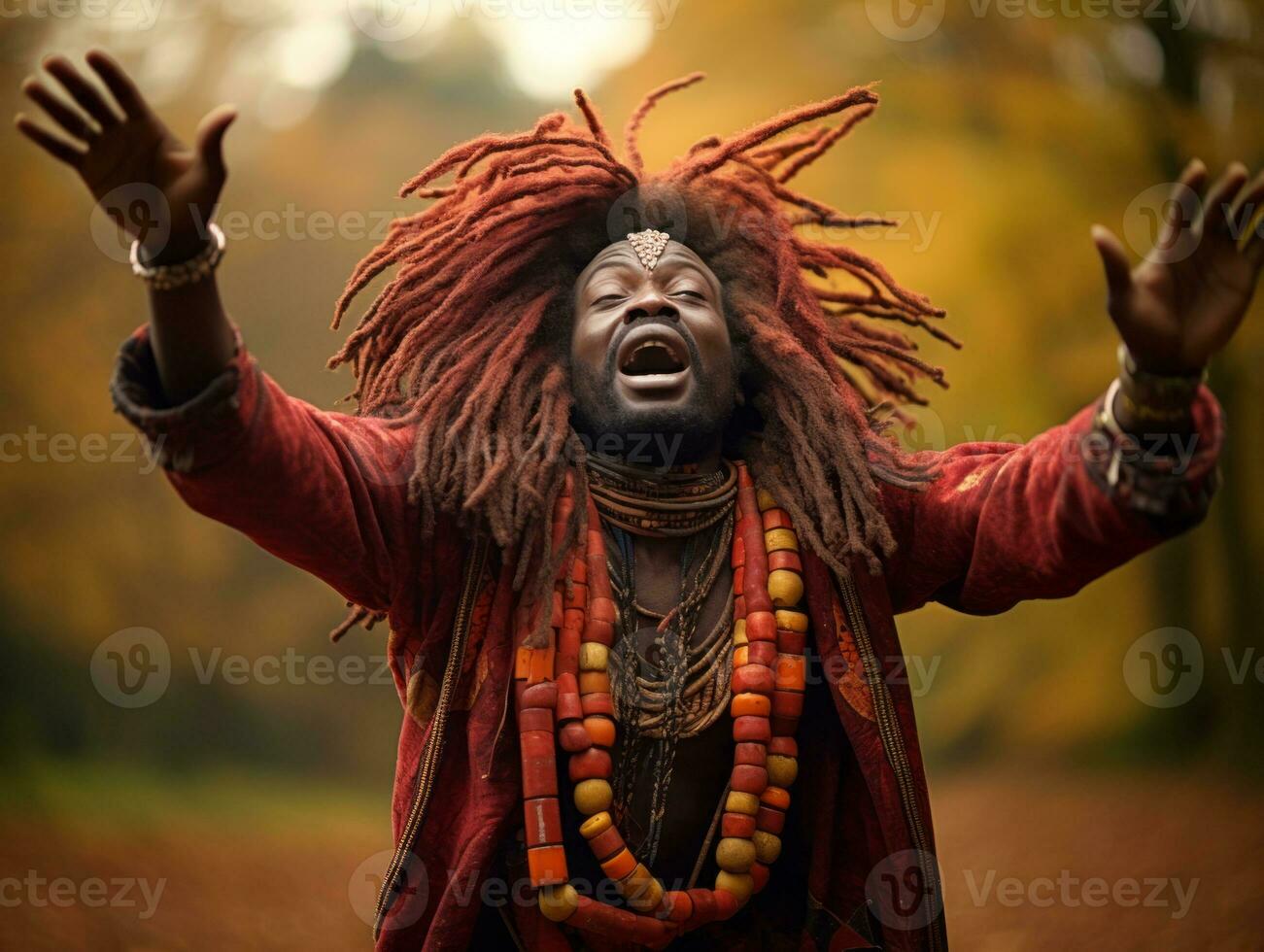 afrikanisch Mann im emotional dynamisch Pose auf Herbst Hintergrund ai generativ foto