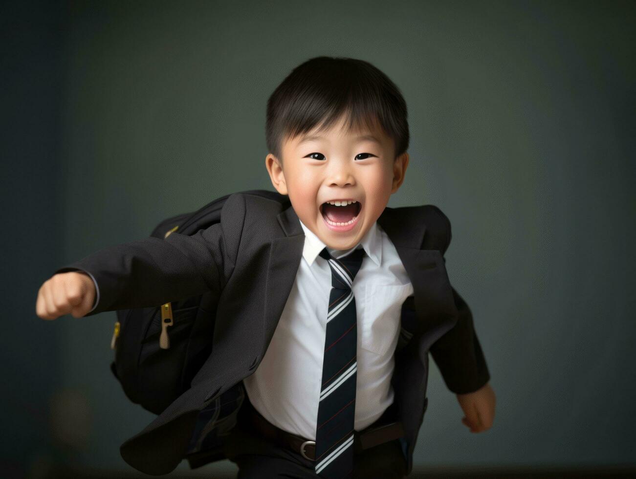 asiatisch Kind im emotional dynamisch Pose im Schule ai generativ foto