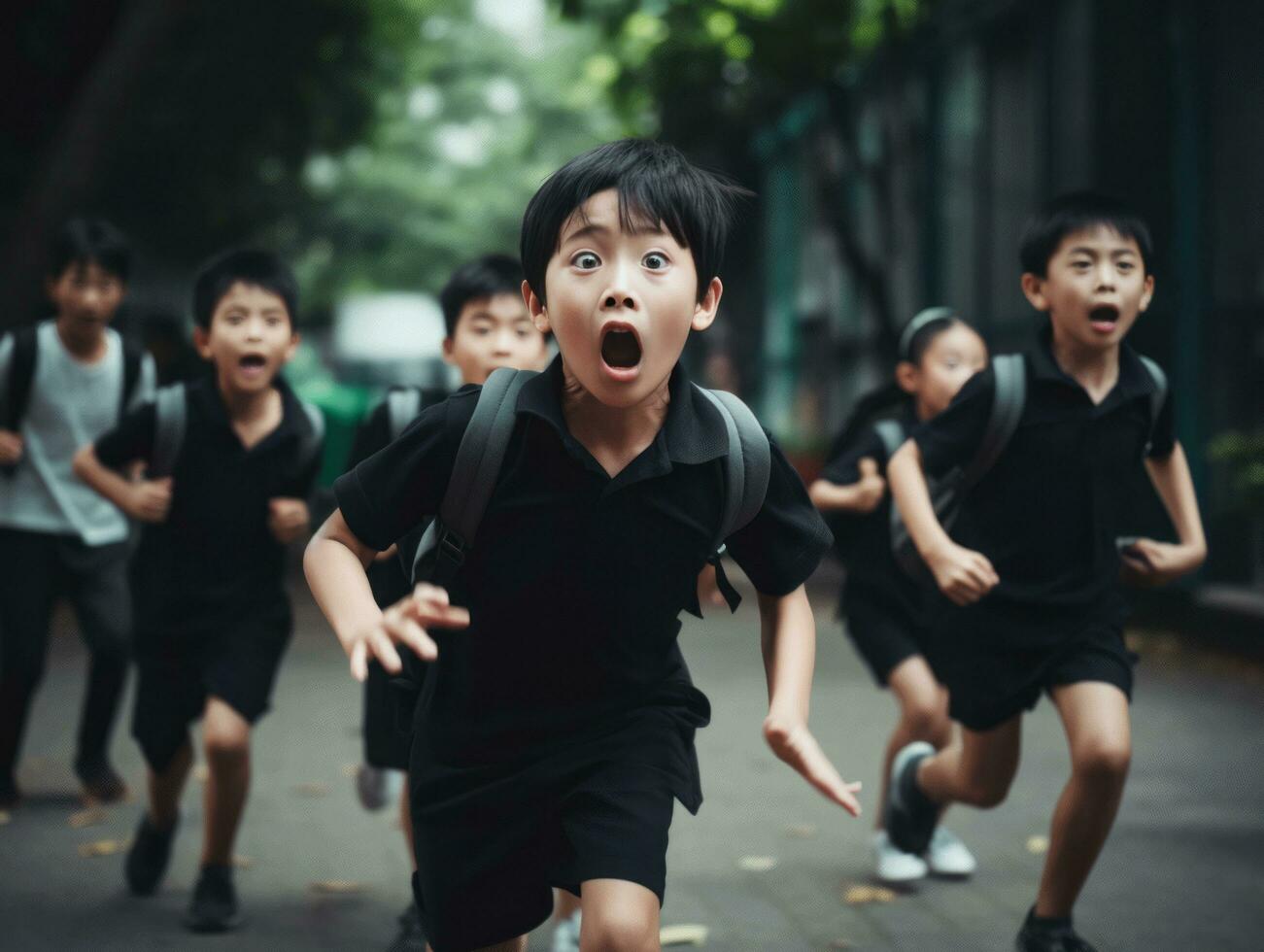 asiatisch Kind im emotional dynamisch Pose im Schule ai generativ foto