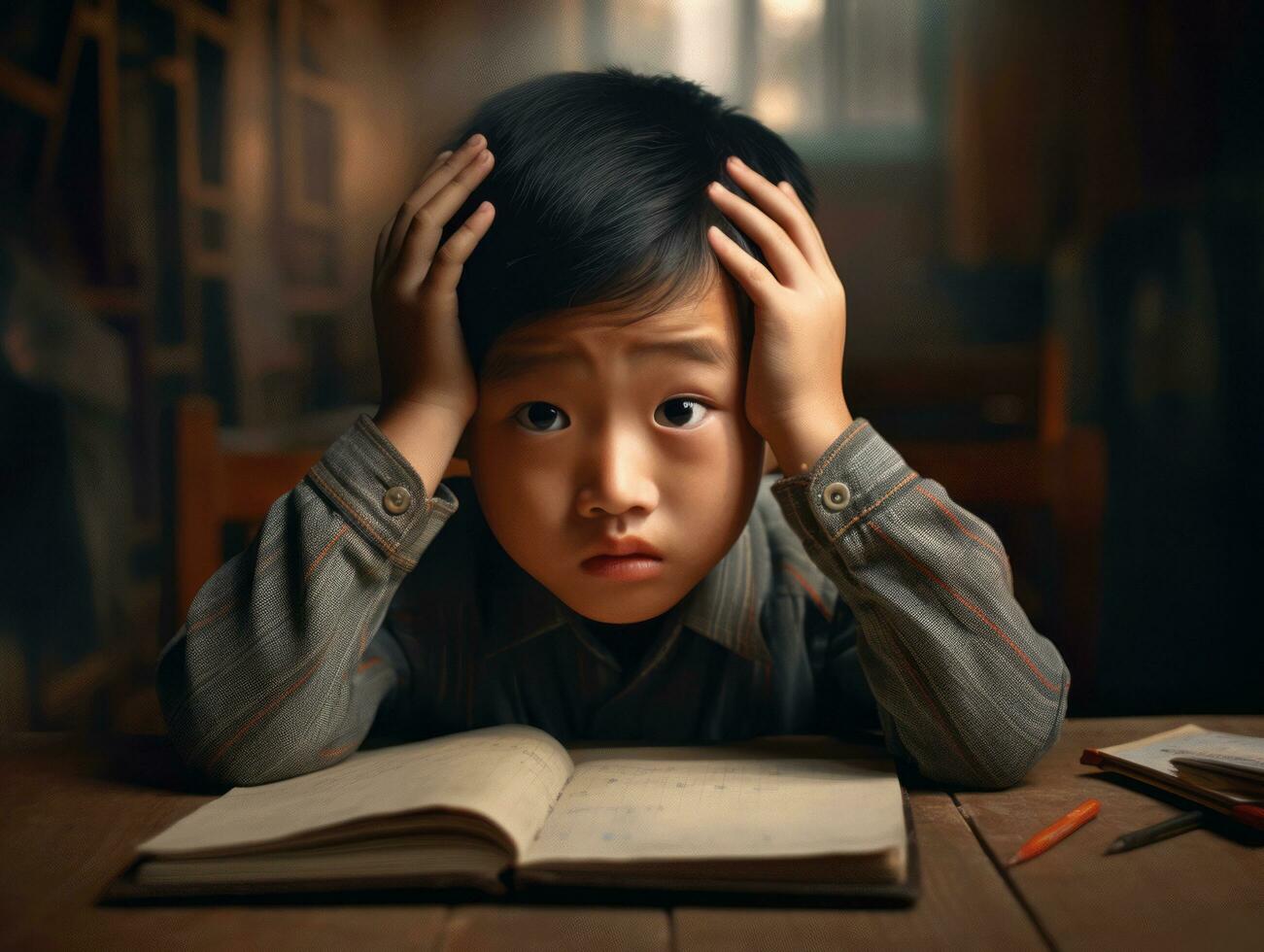 asiatisch Kind im emotional dynamisch Pose im Schule ai generativ foto