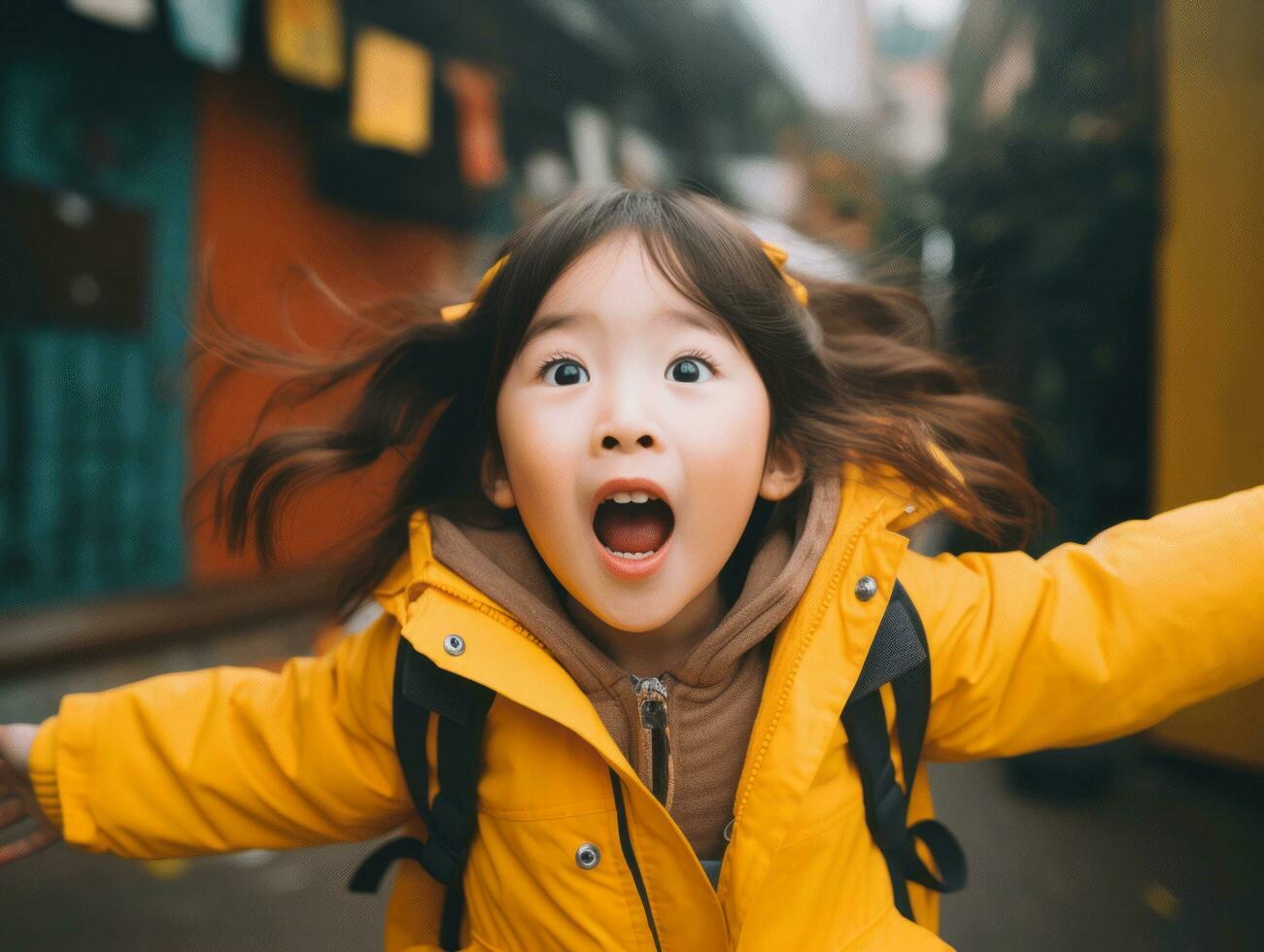 asiatisch Kind im emotional dynamisch Pose im Schule ai generativ foto