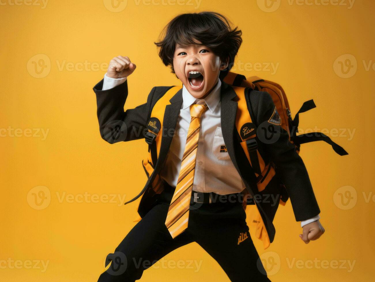 asiatisch Kind im emotional dynamisch Pose im Schule ai generativ foto