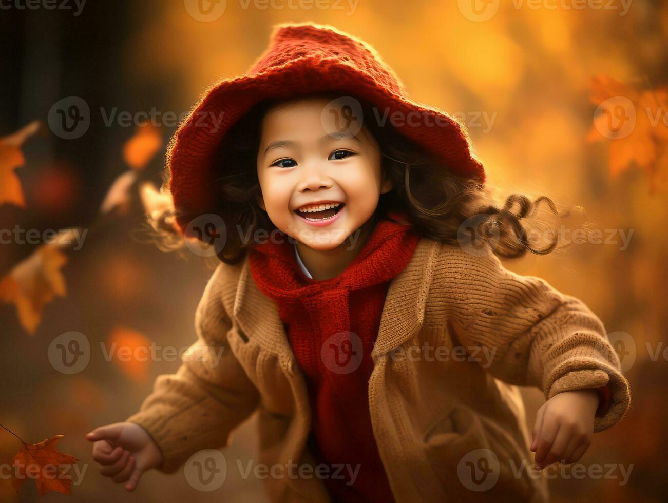 asiatisch Kind im emotional dynamisch Pose auf Herbst Hintergrund ai generativ foto