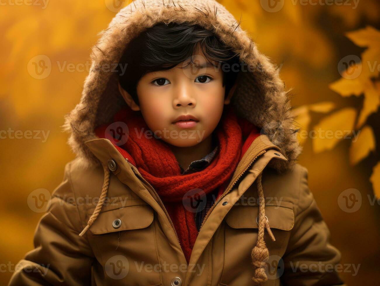 asiatisch Kind im emotional dynamisch Pose auf Herbst Hintergrund ai generativ foto