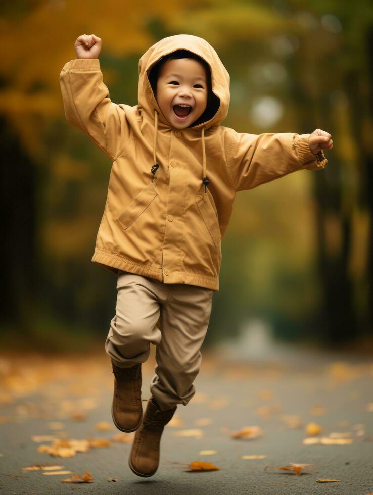 asiatisch Kind im emotional dynamisch Pose auf Herbst Hintergrund ai generativ foto