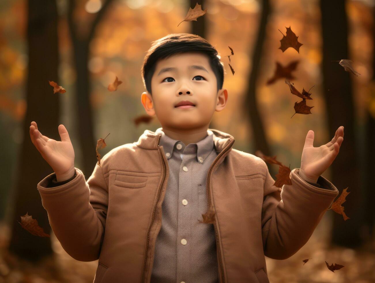 asiatisch Kind im emotional dynamisch Pose auf Herbst Hintergrund ai generativ foto