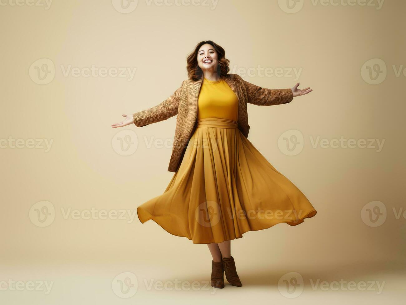 Plus Größe asiatisch Frau im emotional dynamisch Pose ai generativ foto