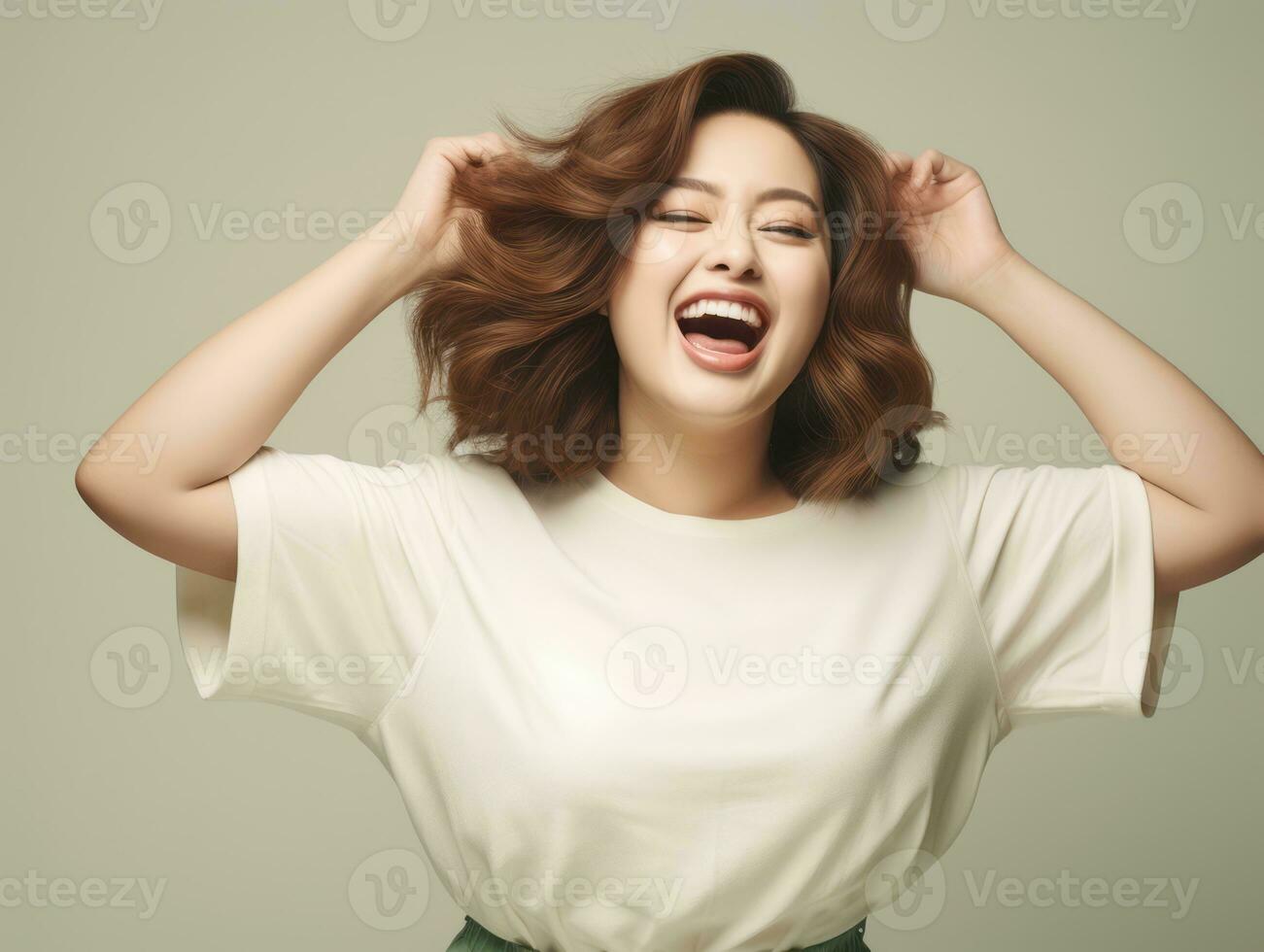 Plus Größe asiatisch Frau im emotional dynamisch Pose ai generativ foto