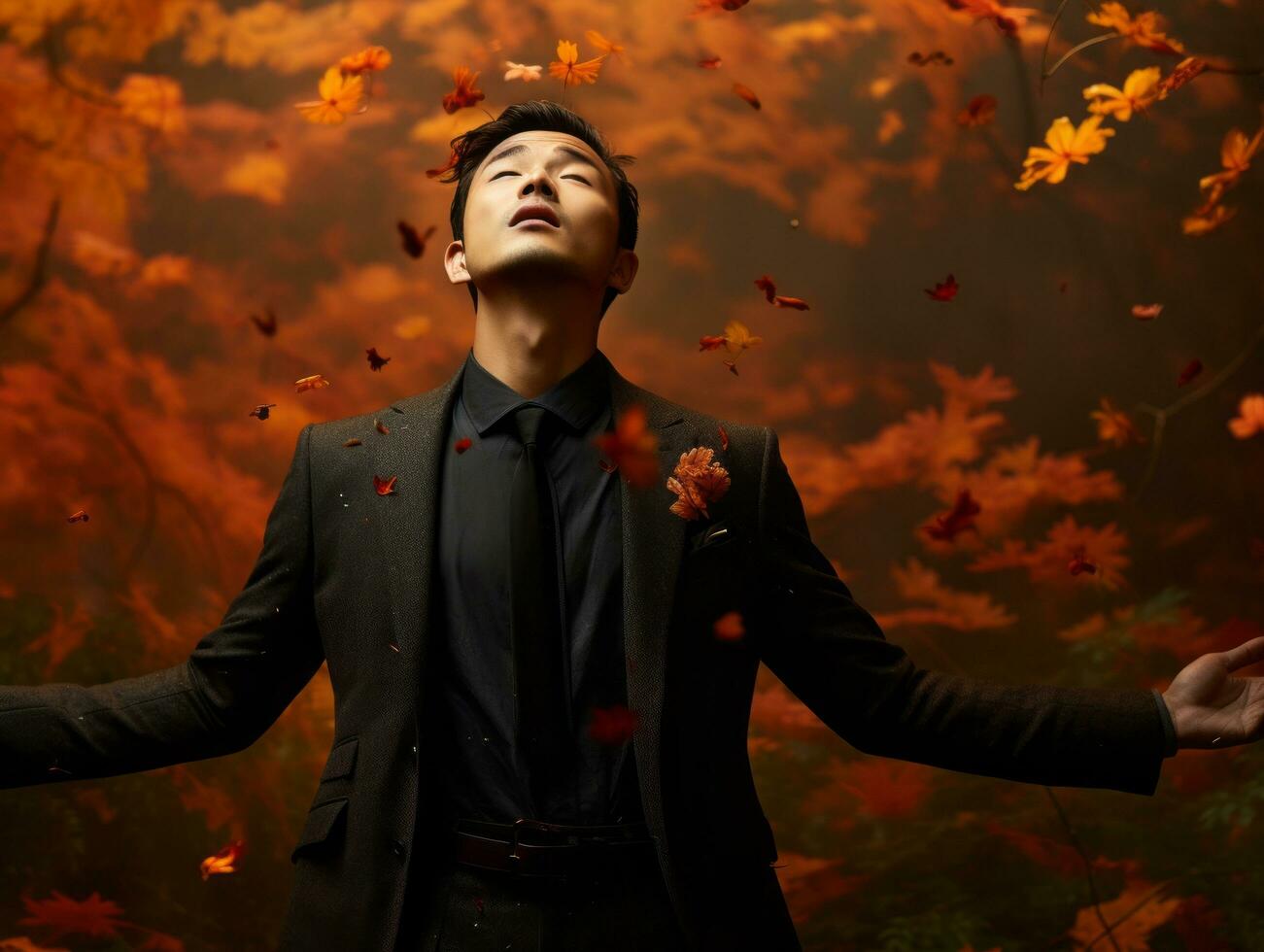 Foto von emotional dynamisch Pose asiatisch Mann im Herbst ai generativ