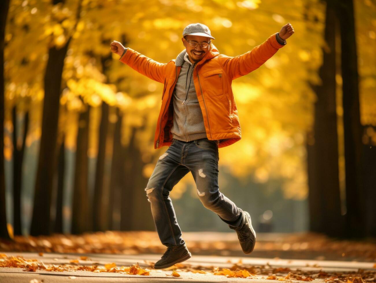 Foto von emotional dynamisch Pose asiatisch Mann im Herbst ai generativ