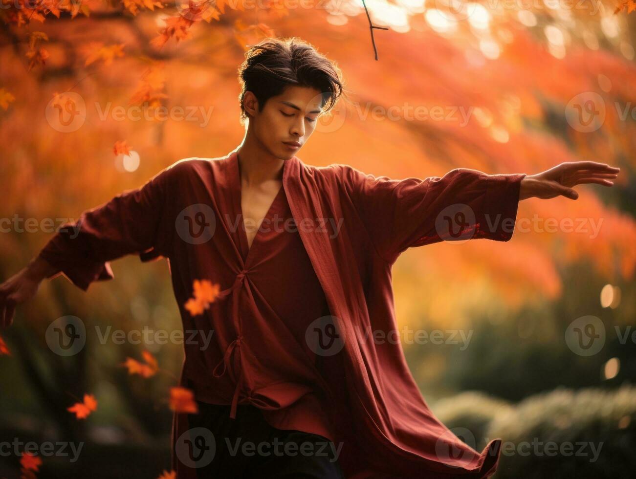 Foto von emotional dynamisch Pose asiatisch Mann im Herbst ai generativ