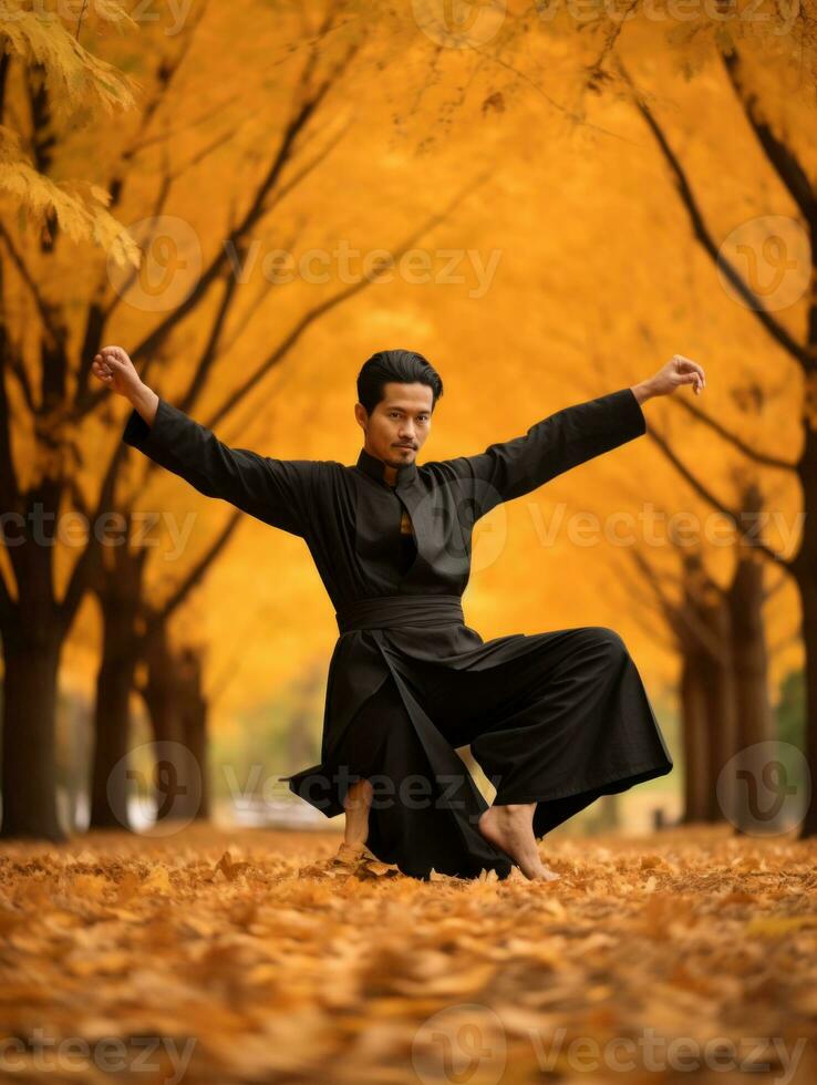 Foto von emotional dynamisch Pose asiatisch Mann im Herbst ai generativ