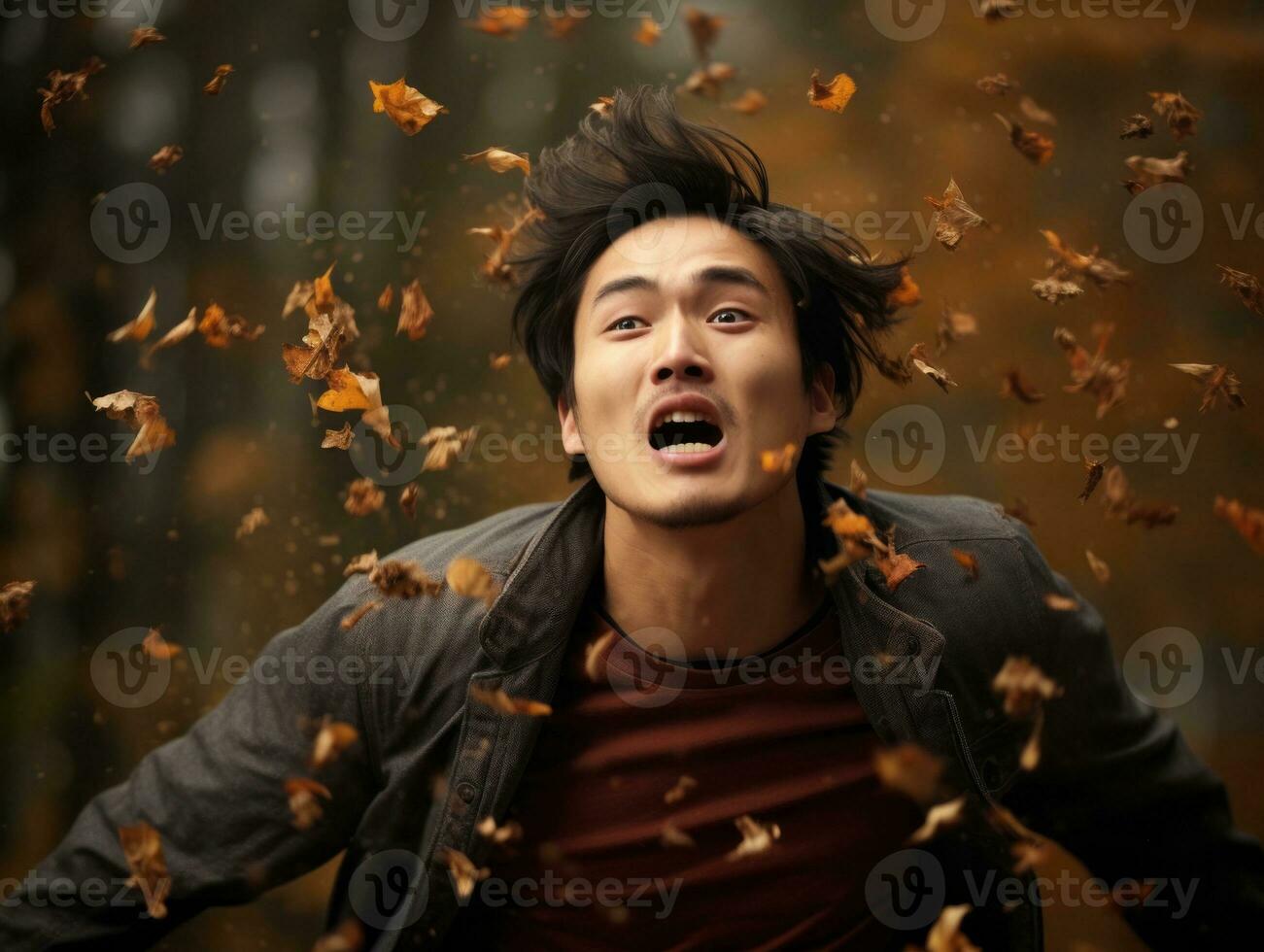 Foto von emotional dynamisch Pose asiatisch Mann im Herbst ai generativ