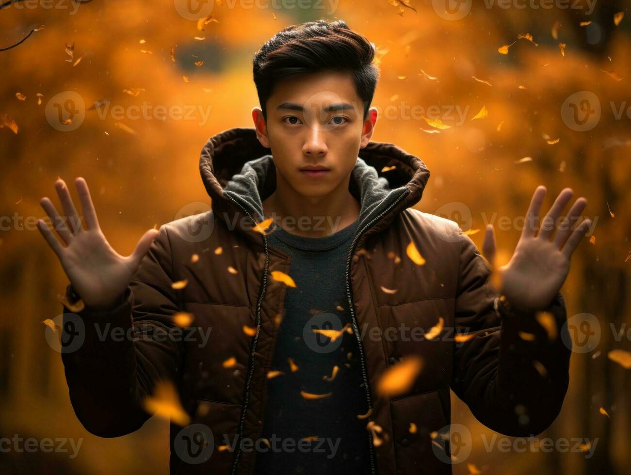 Foto von emotional dynamisch Pose asiatisch Mann im Herbst ai generativ