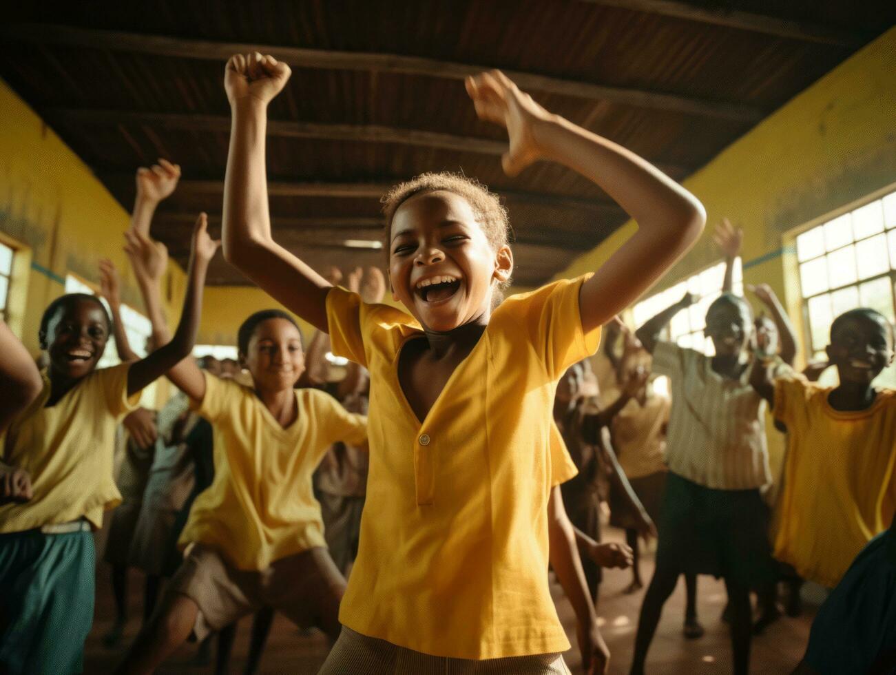 Foto von emotional dynamisch Pose brasilianisch Kind im Schule ai generativ