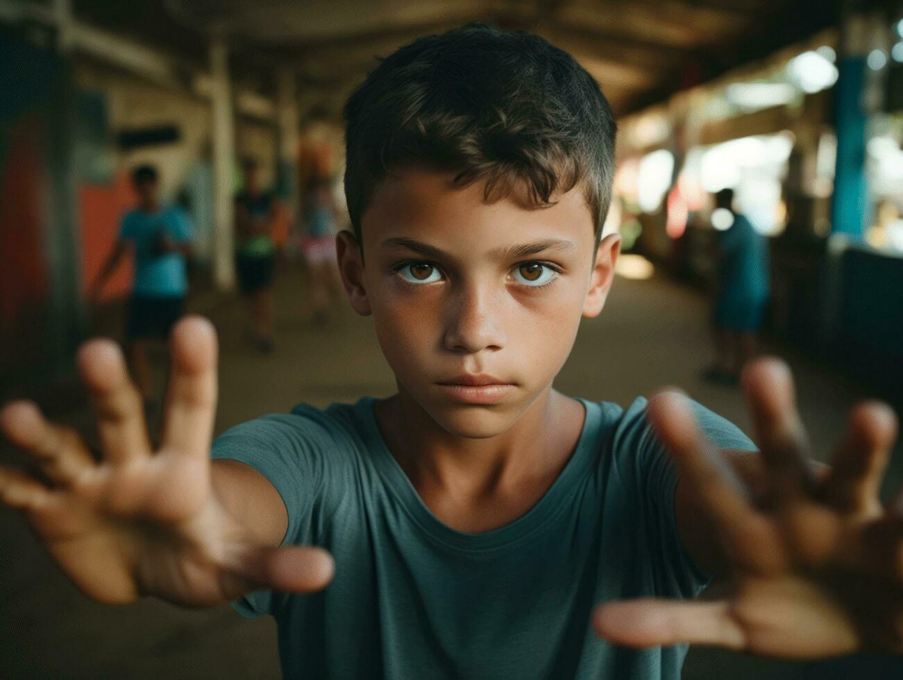 Foto von emotional dynamisch Pose brasilianisch Kind im Schule ai generativ