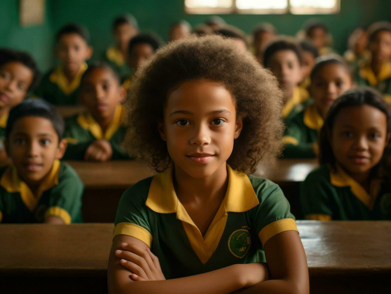 Foto von emotional dynamisch Pose brasilianisch Kind im Schule ai generativ