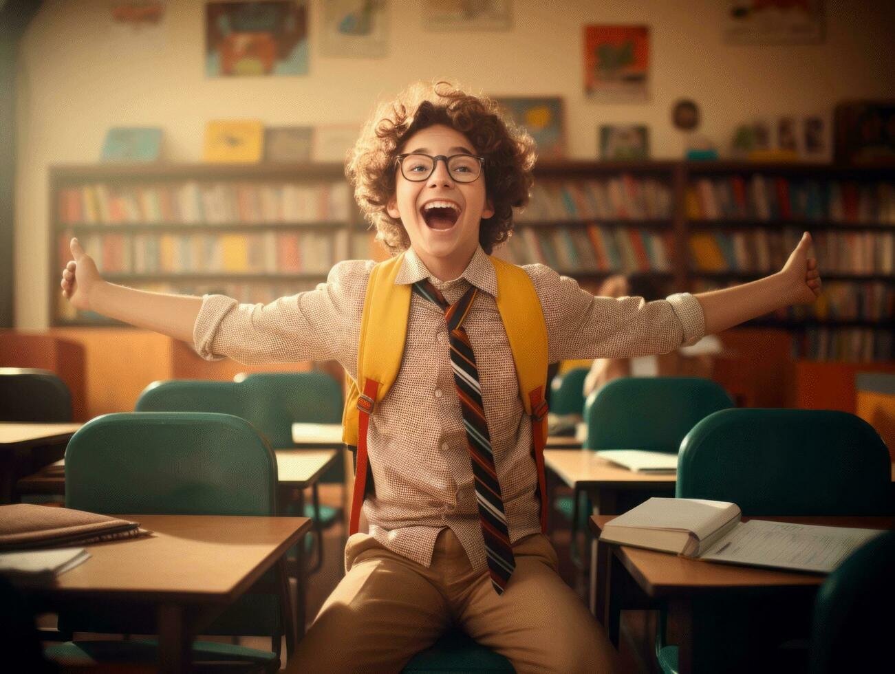 Foto von emotional dynamisch Pose brasilianisch Kind im Schule ai generativ