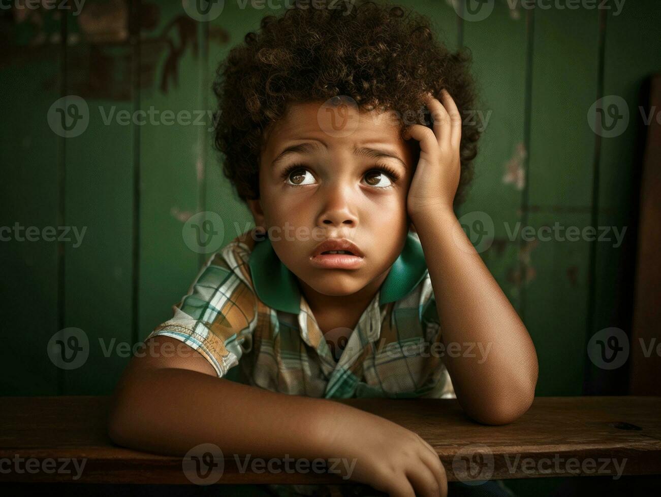 Foto von emotional dynamisch Pose brasilianisch Kind im Schule ai generativ