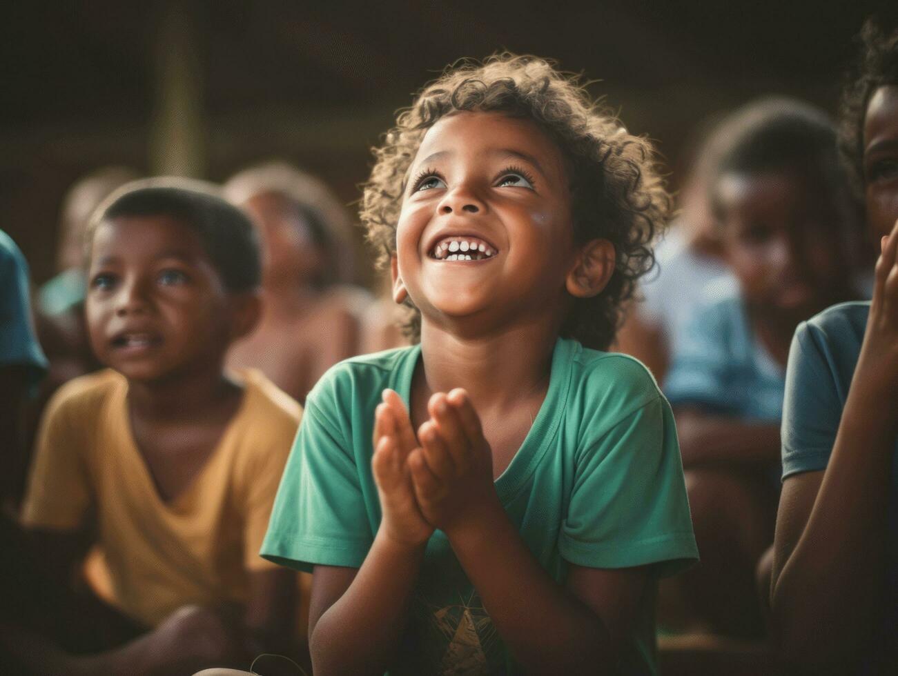 Foto von emotional dynamisch Pose brasilianisch Kind im Schule ai generativ